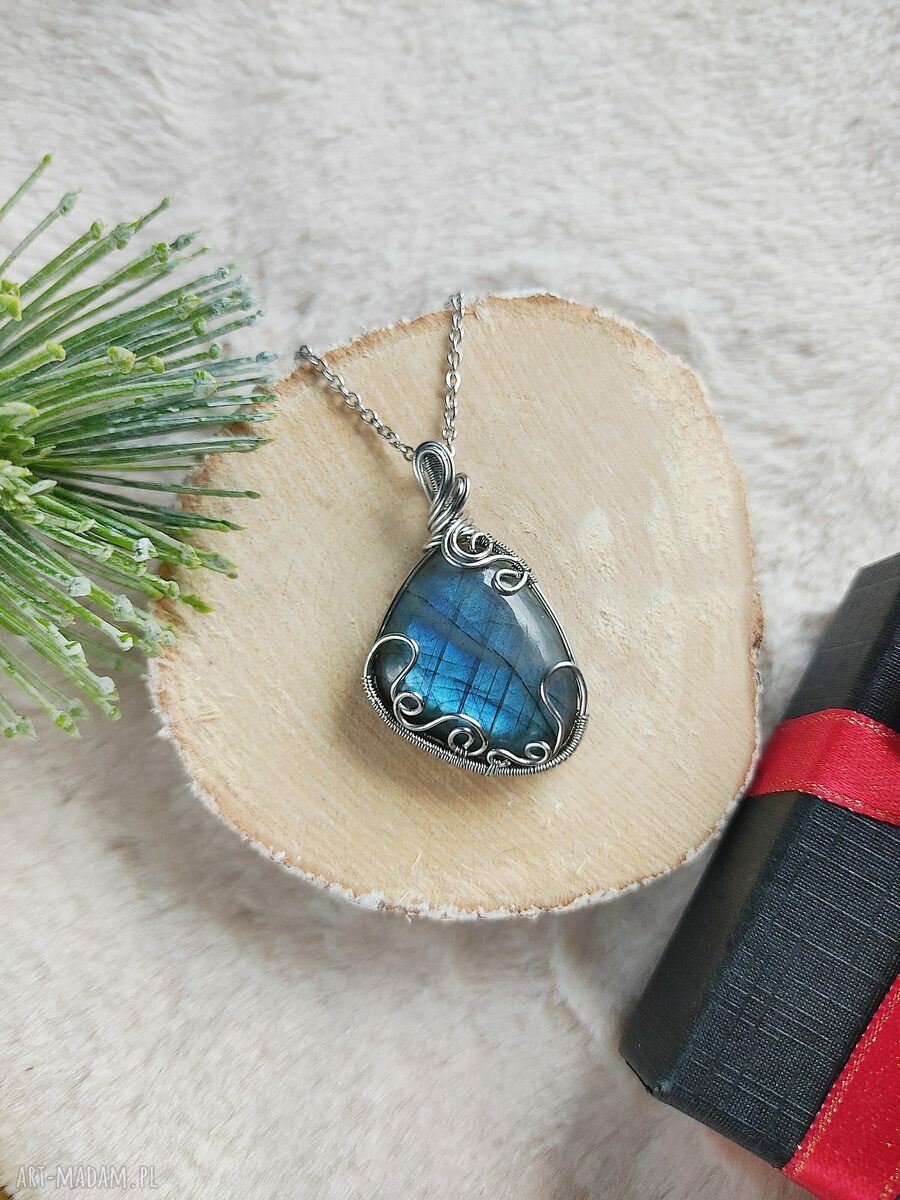 Naszyjnik z labradorytem „Północny Blask” ze stali chirurgicznej - wire wrapping