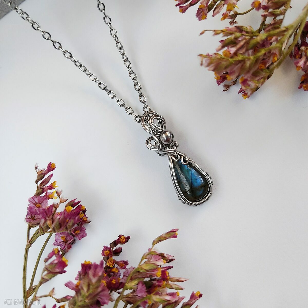 Naszyjnik Labradoryt 5 - stal chirurgiczna wisiorek wire wrapping
