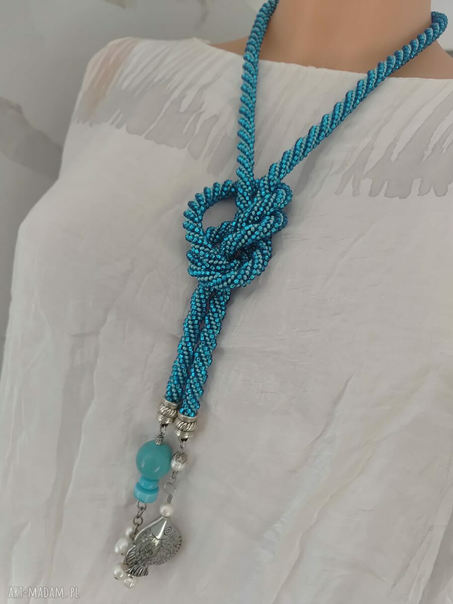 Długi lariat 125 cm z rybką - turkusowy naszyjnik koralikowy
