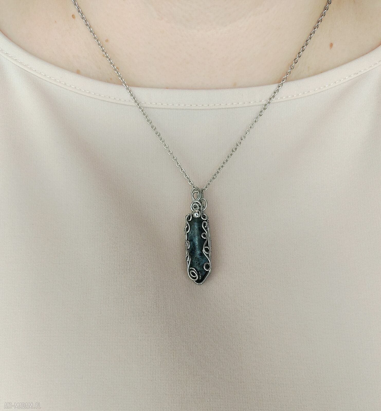 Naszyjnik z larvikitem ze stali chirurgicznej - wire wrapping