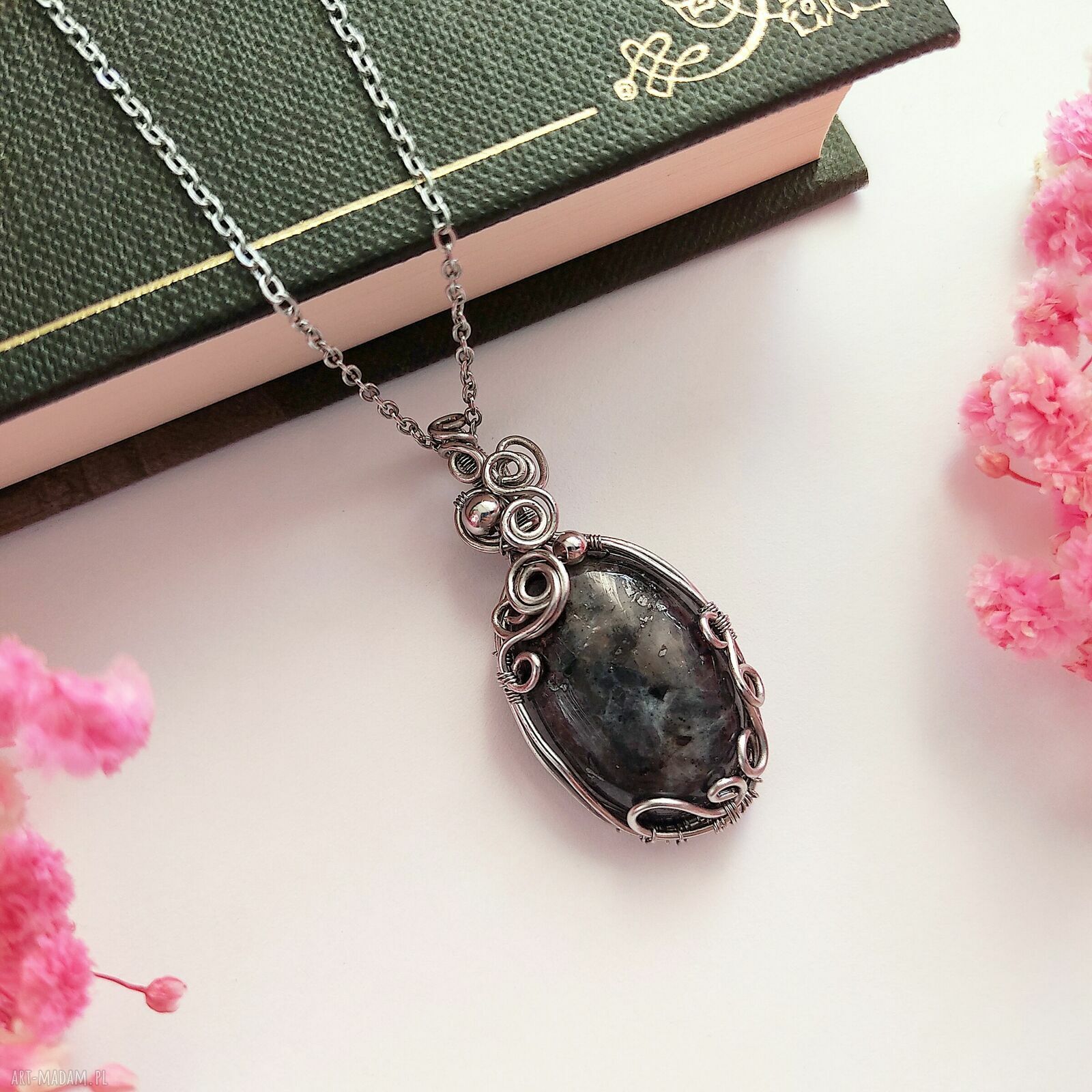 Naszyjnik Larvikit - stal chirurgiczna, wire wrapping handmade