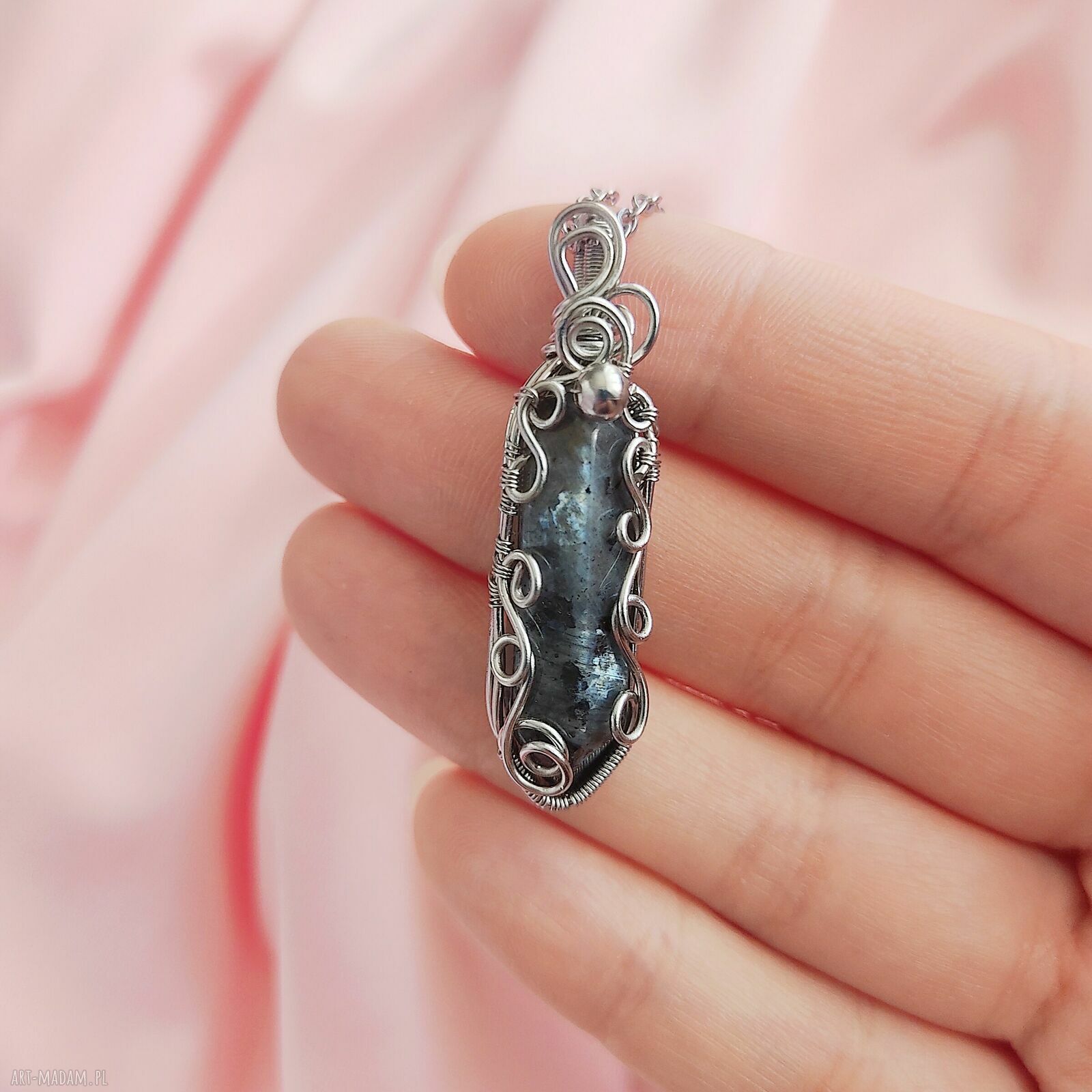 Naszyjnik z larvikitem ze stali chirurgicznej - wire wrapping