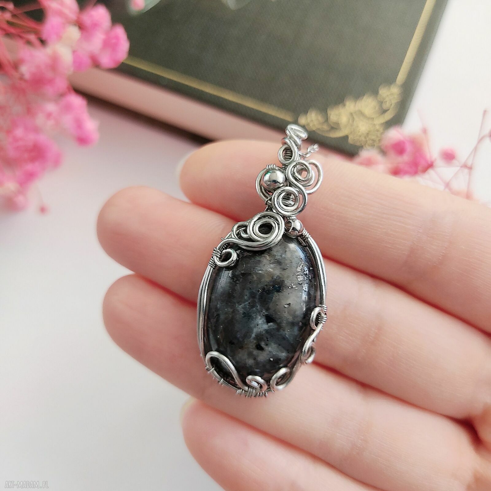 Naszyjnik Larvikit - stal chirurgiczna, wire wrapping handmade