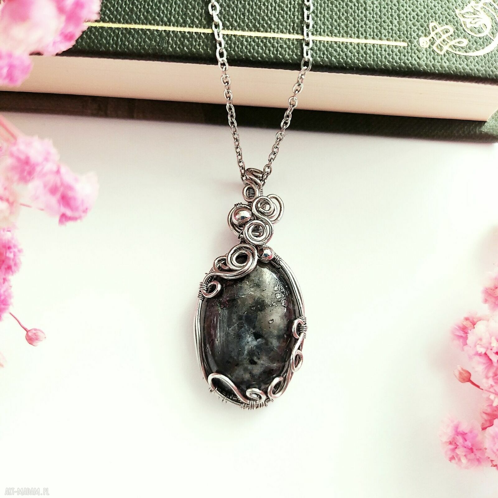 Naszyjnik Larvikit - stal chirurgiczna, wire wrapping handmade