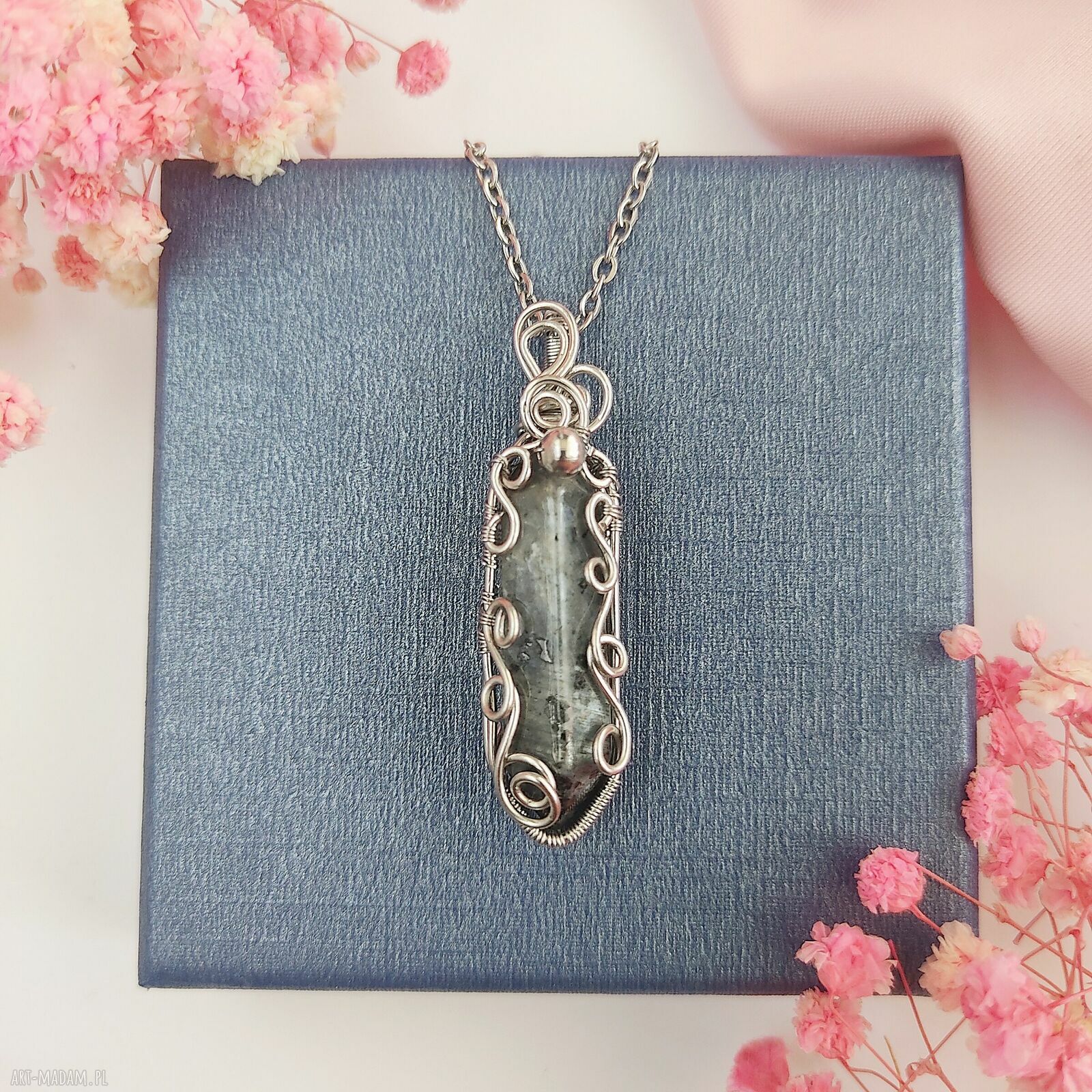 Naszyjnik z larvikitem ze stali chirurgicznej - wire wrapping