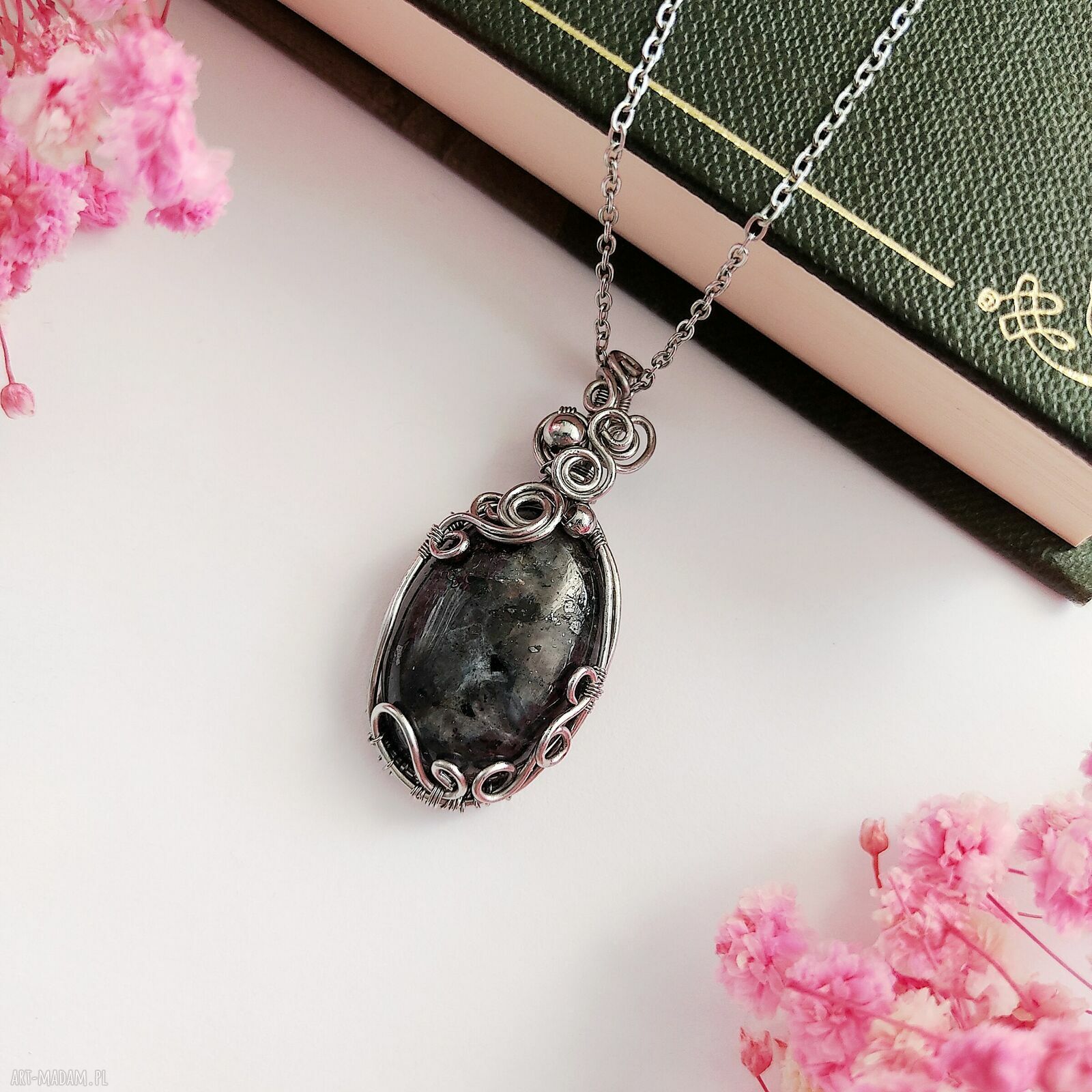 Naszyjnik Larvikit - stal chirurgiczna, wire wrapping handmade