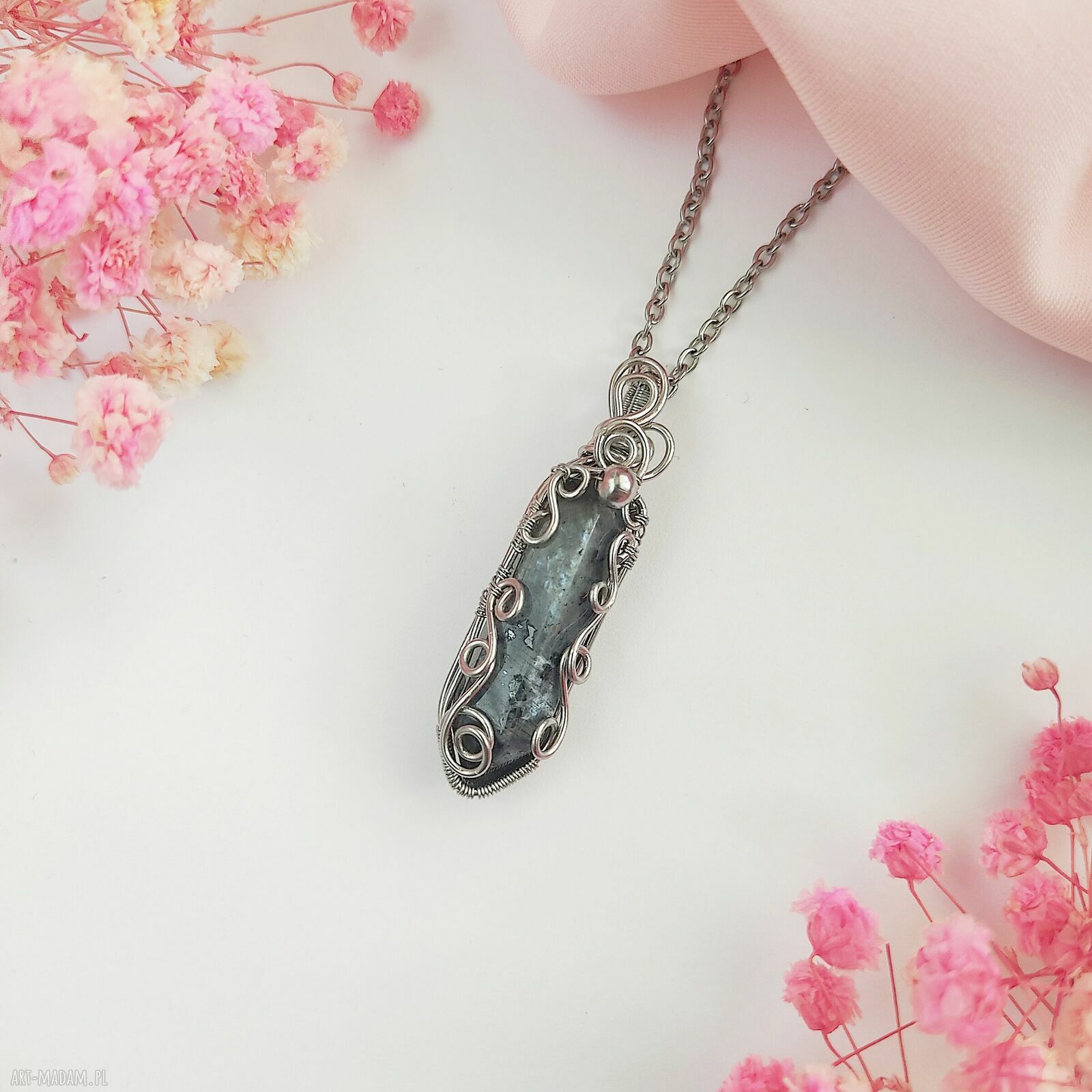 Naszyjnik z larvikitem ze stali chirurgicznej - wire wrapping