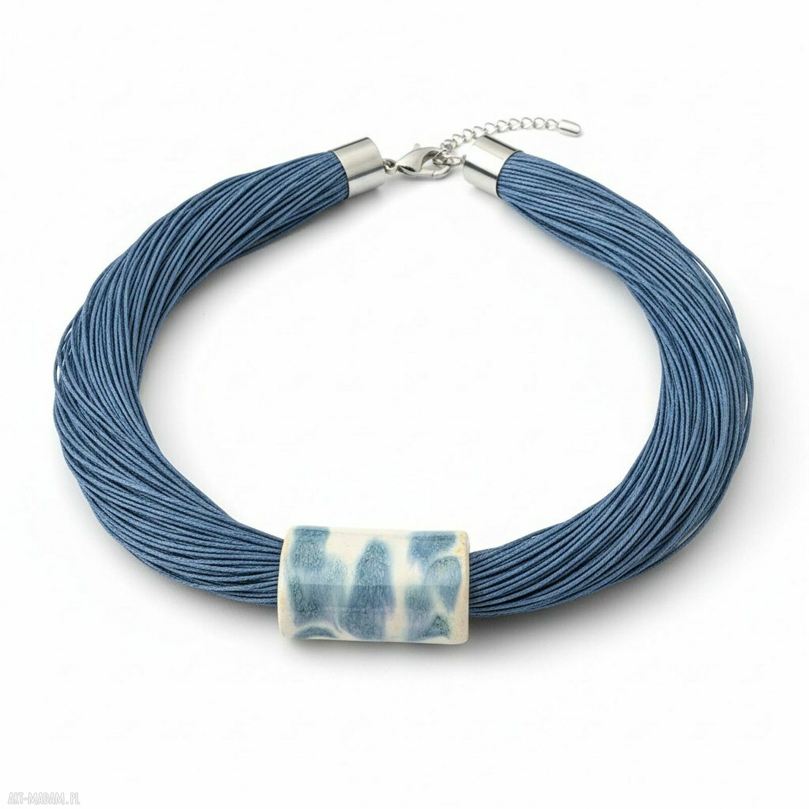 Naszyjnik lniany niebieski jeans z ceramiką - handmade