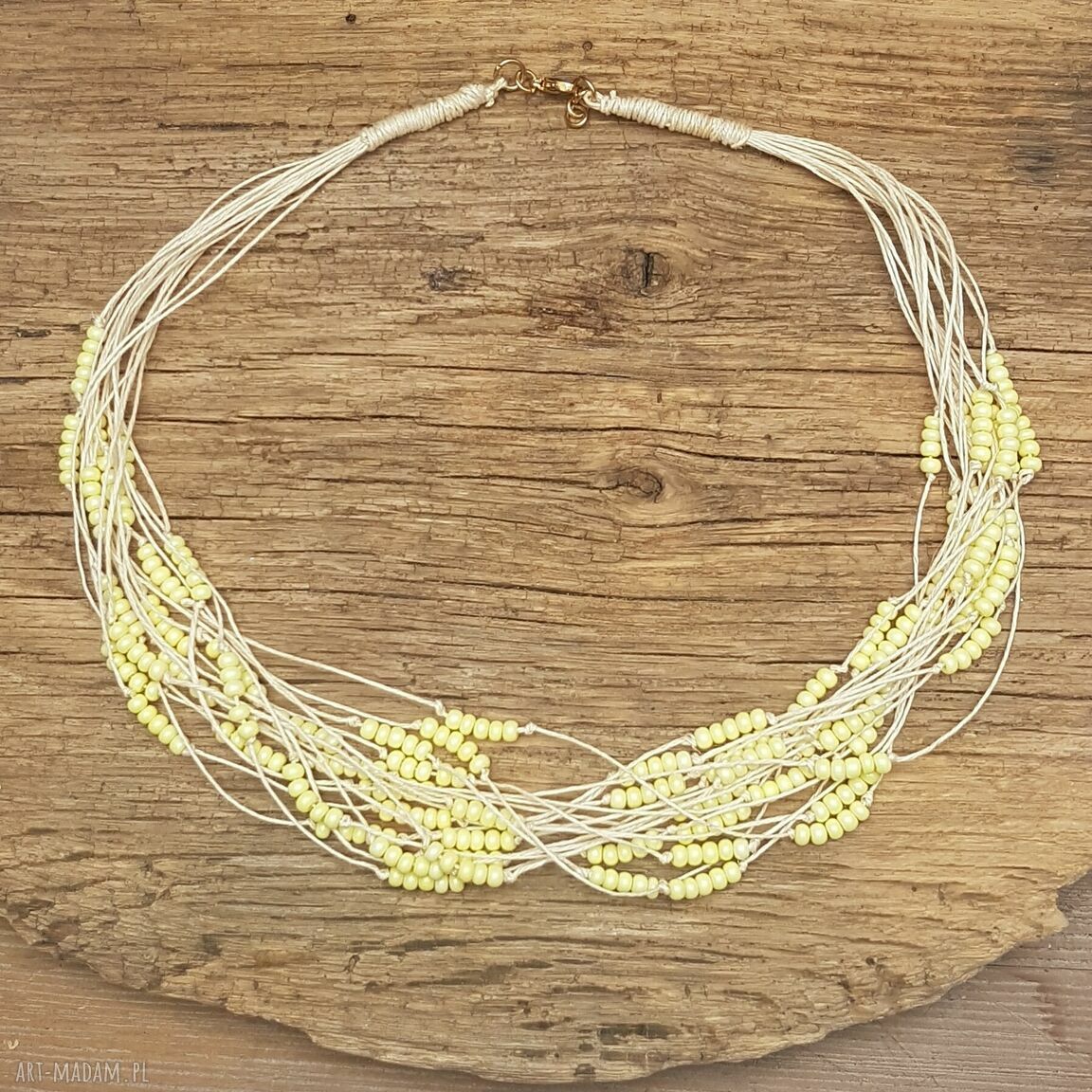 Naszyjnik z lnu i cytrynowych koralików szklanych boho - 51 cm, złote zapięcie