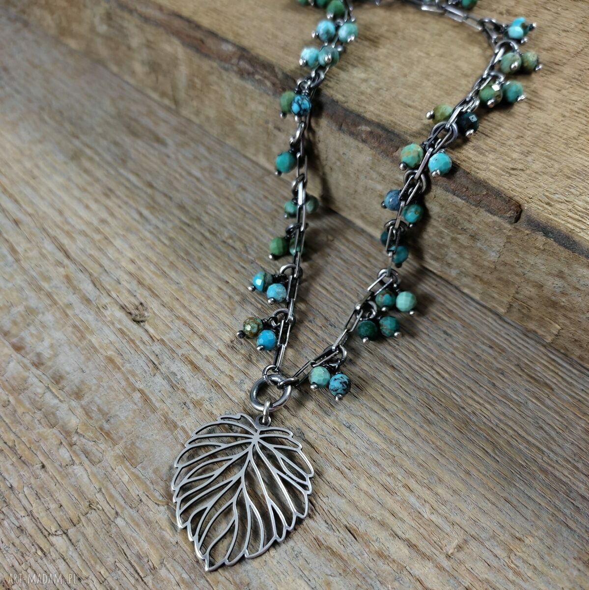 Naszyjnik - liść z turkusem (srebro 925 oksydowane)
