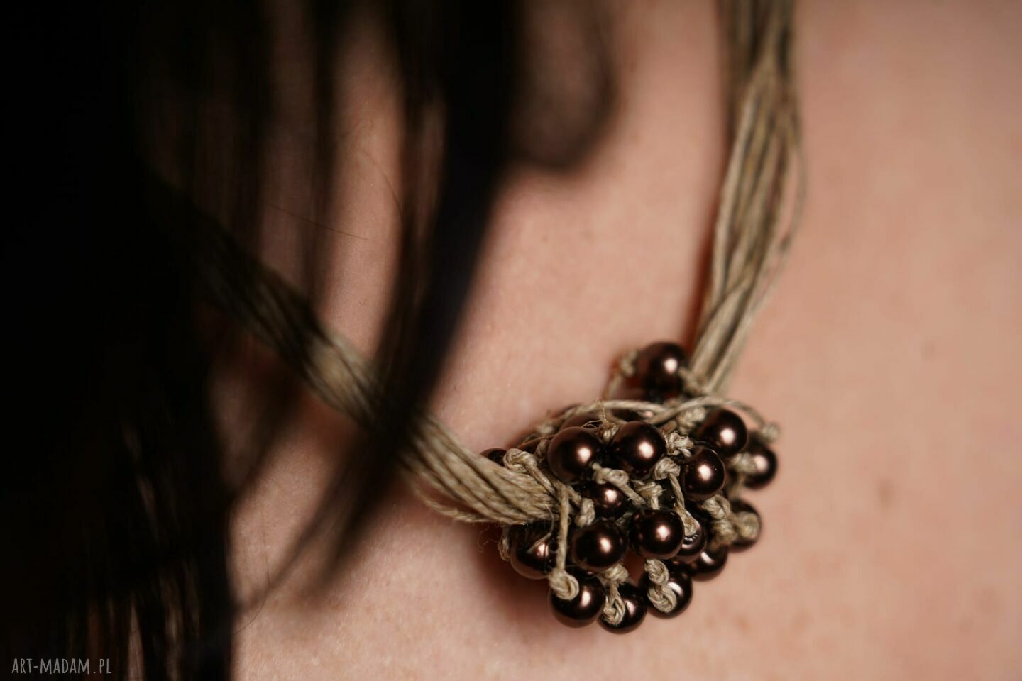 Naszyjnik lniany z perłami - biżuteria boho handmade