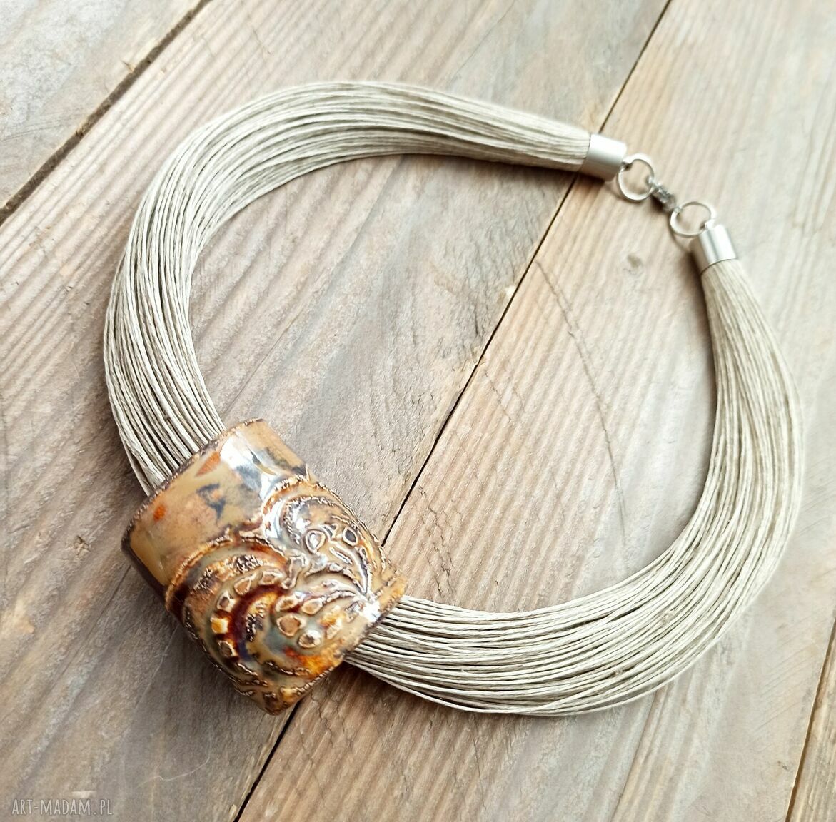 Naszyjnik lniany Turna z ceramiką - wisior z lnu
