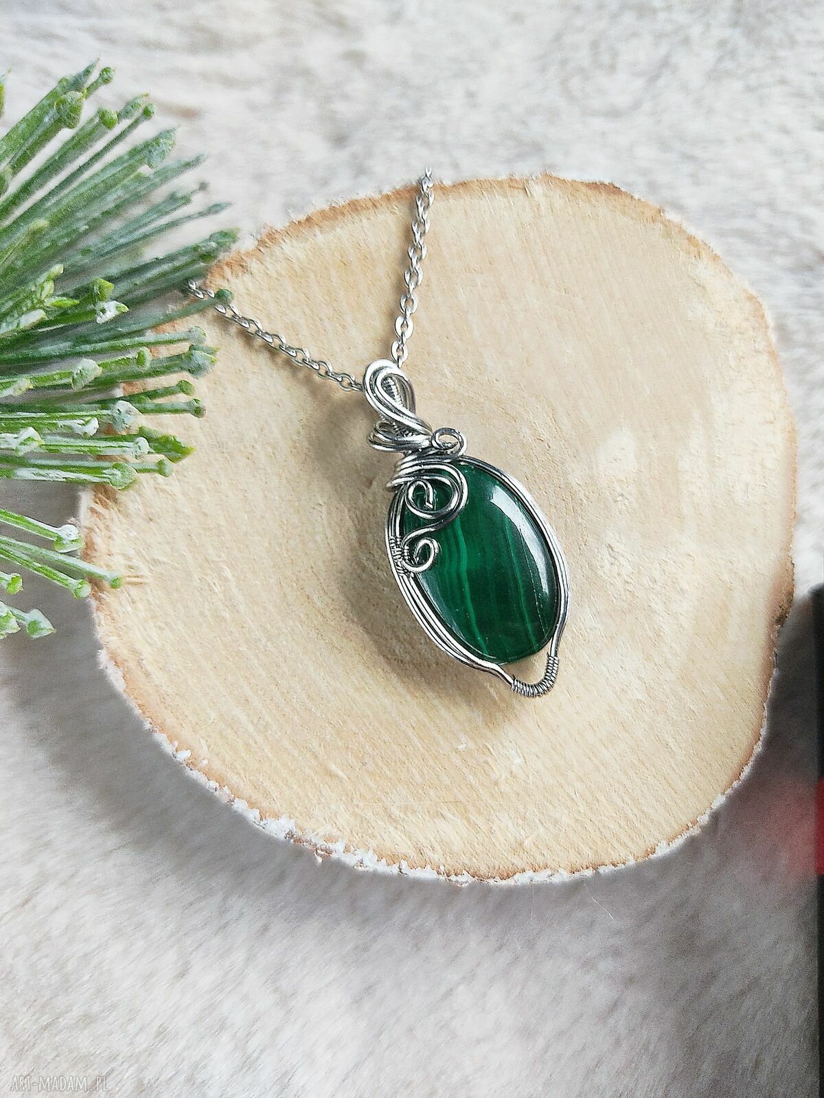 Naszyjnik Malachit "Leśny Mróz" - zimowy wisiorek ze stali chirurgicznej (wire wrapping)