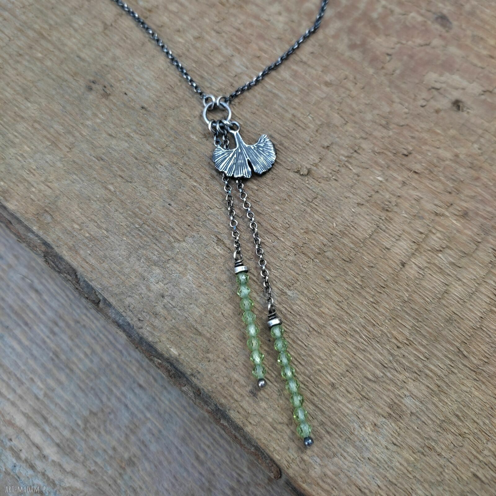 Naszyjnik miłorząb z peridotem - srebro 925 oksydowane Irart