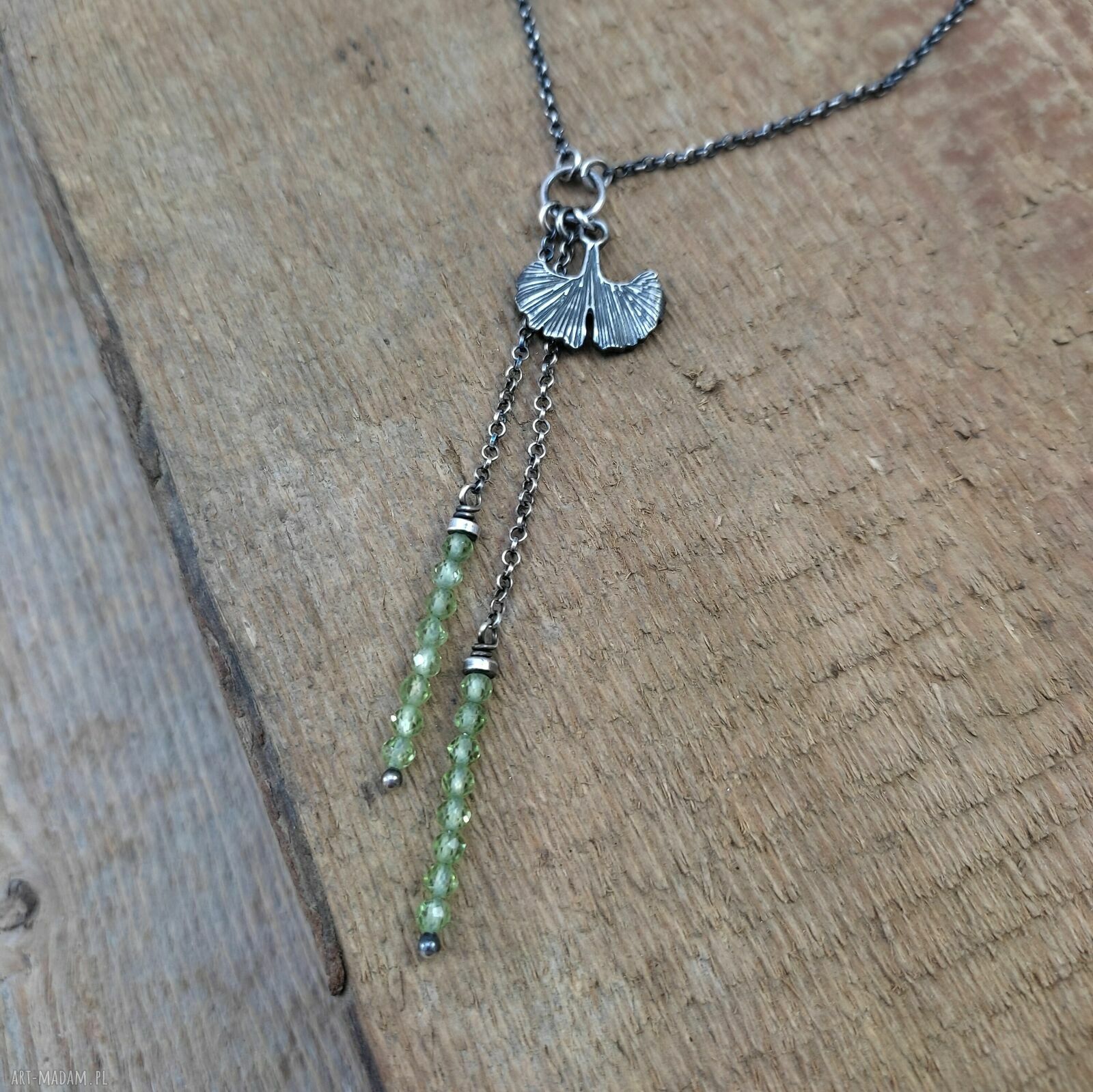 Naszyjnik miłorząb z peridotem - srebro 925 oksydowane Irart
