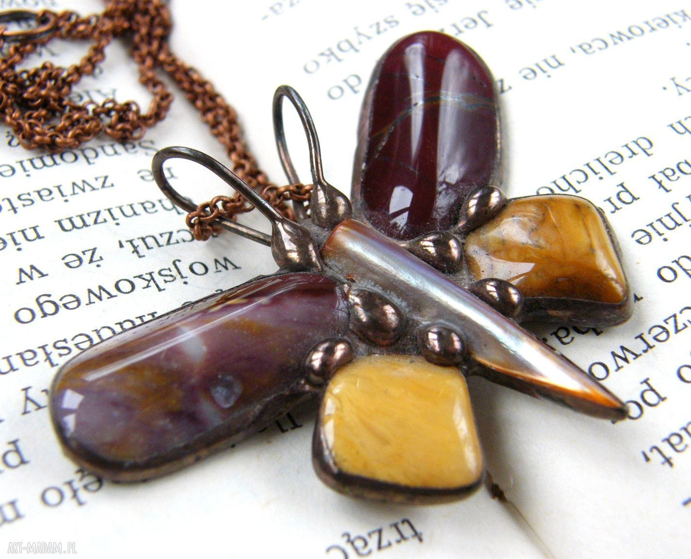 Naszyjnik Motyl z mokaitem wisiorek Tiffany z jaspisu