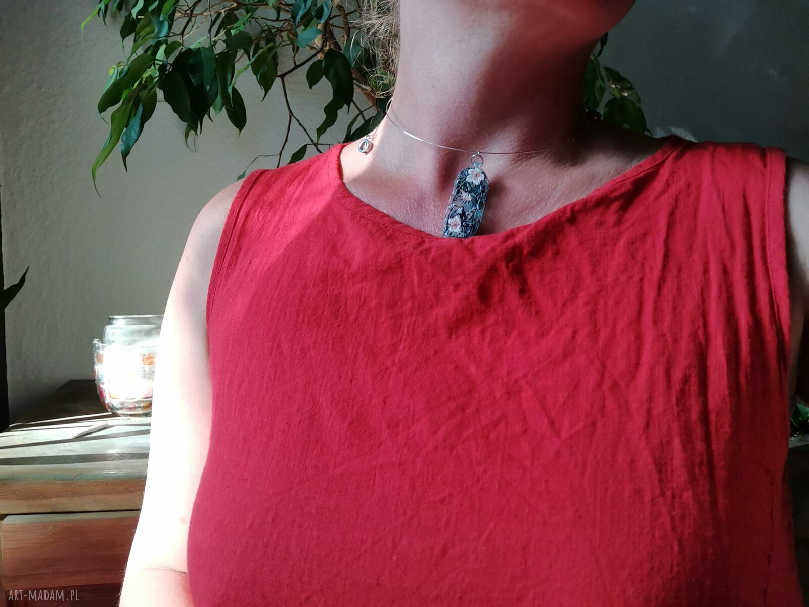 Naszyjnik obroża z zielonymi kwiatami 3D - boho i folk
