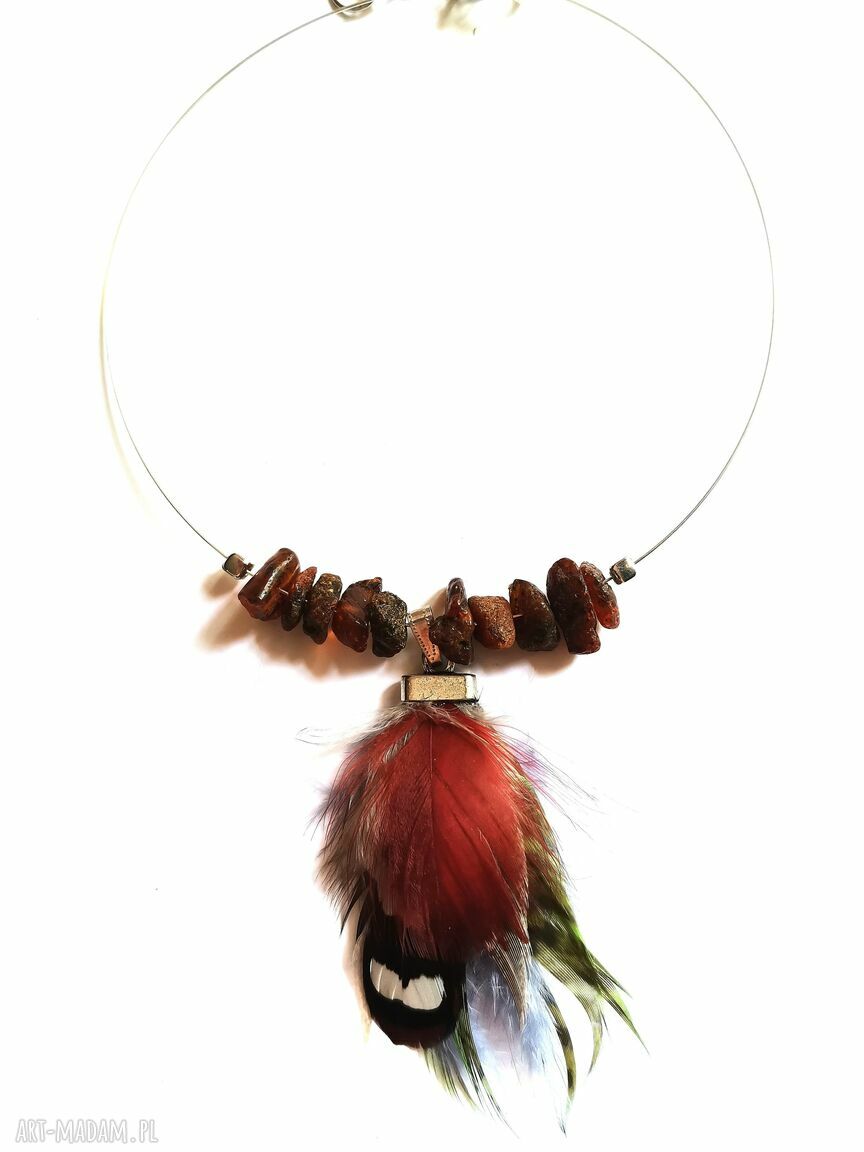 Naszyjnik obroża z piórami - choker blisko szyi (handmade boho Frida)