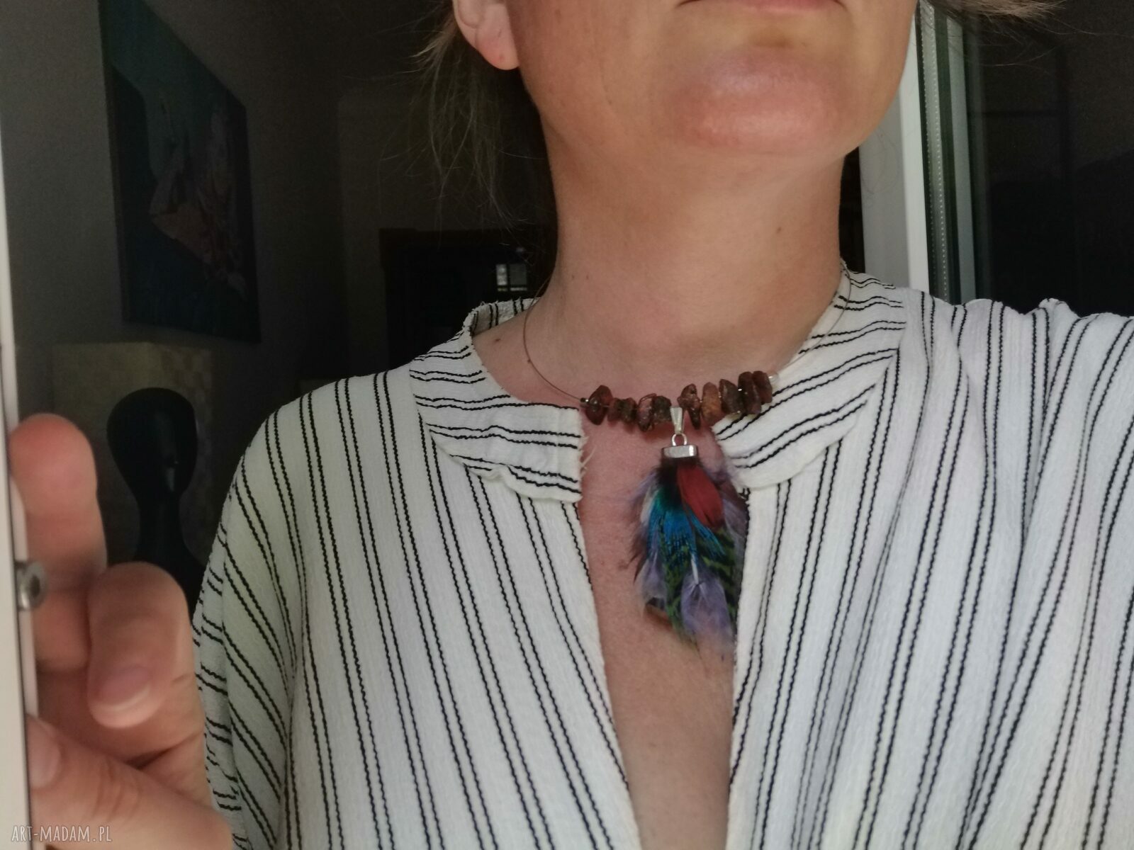 Naszyjnik obroża z piórami - choker blisko szyi (handmade boho Frida)