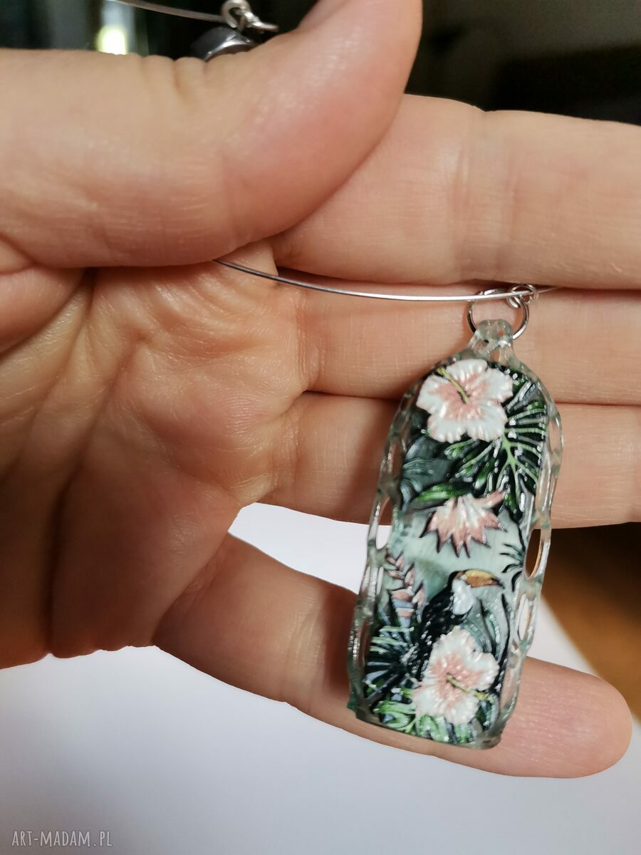 Naszyjnik obroża z zielonymi kwiatami 3D - boho i folk