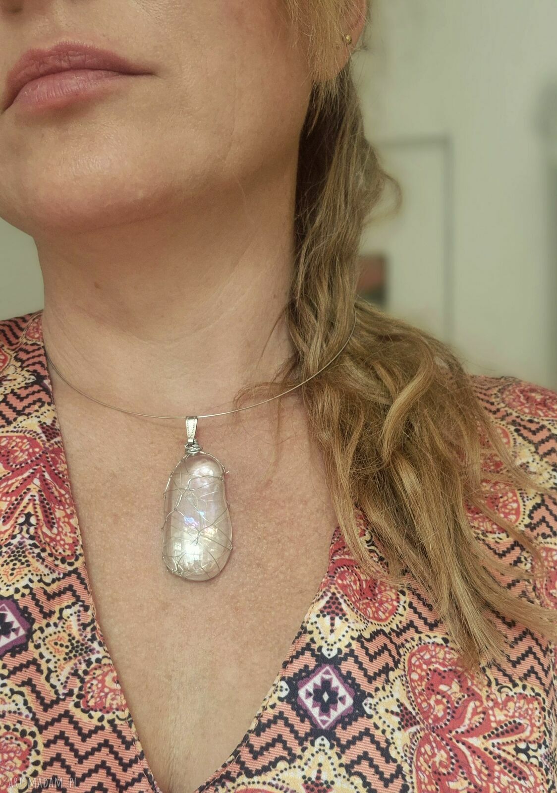 Naszyjnik obroża z szkiełkiem - folk/etno/boho Frida biel