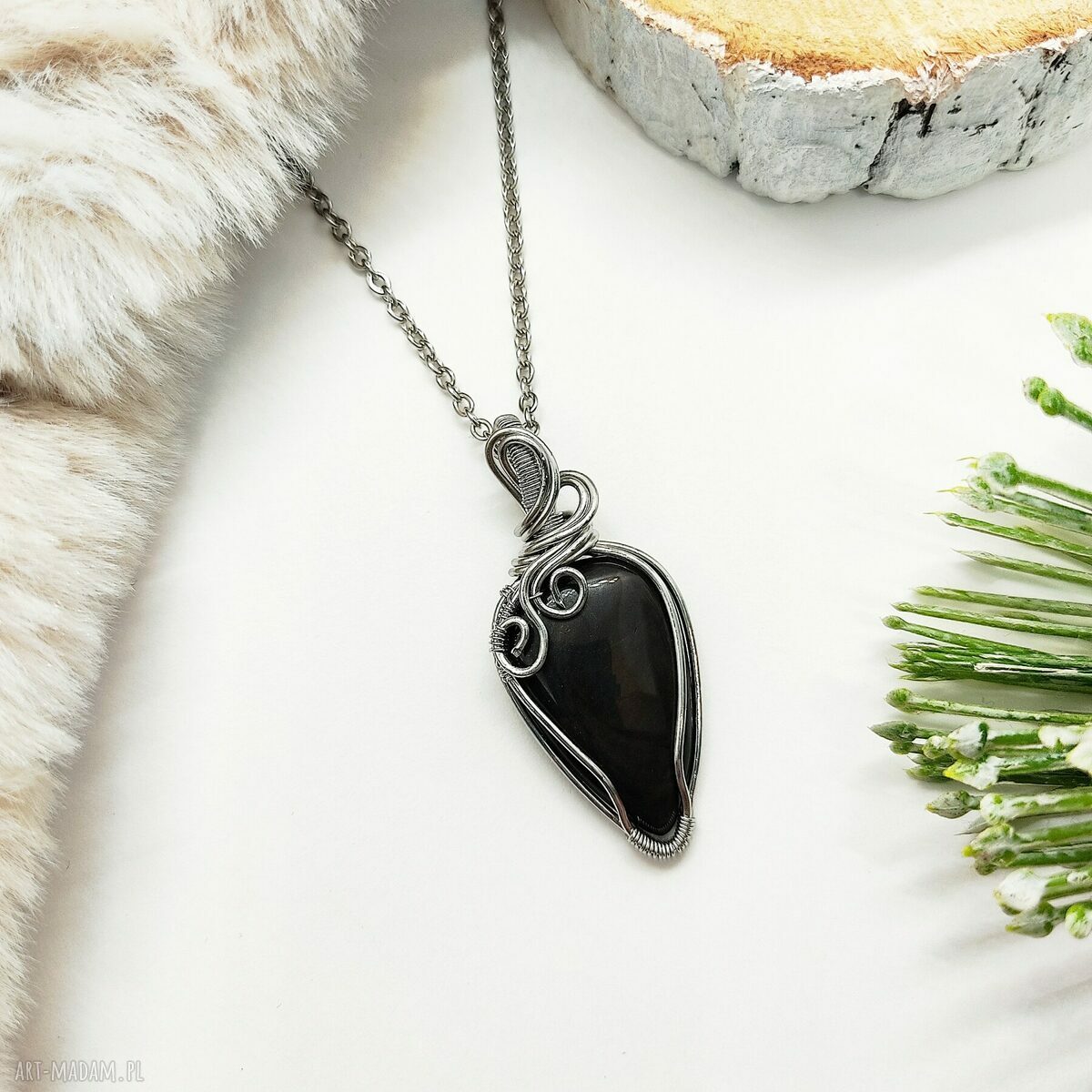 Złocisty naszyjnik z obsydianem - wire wrapping na stali chirurgicznej