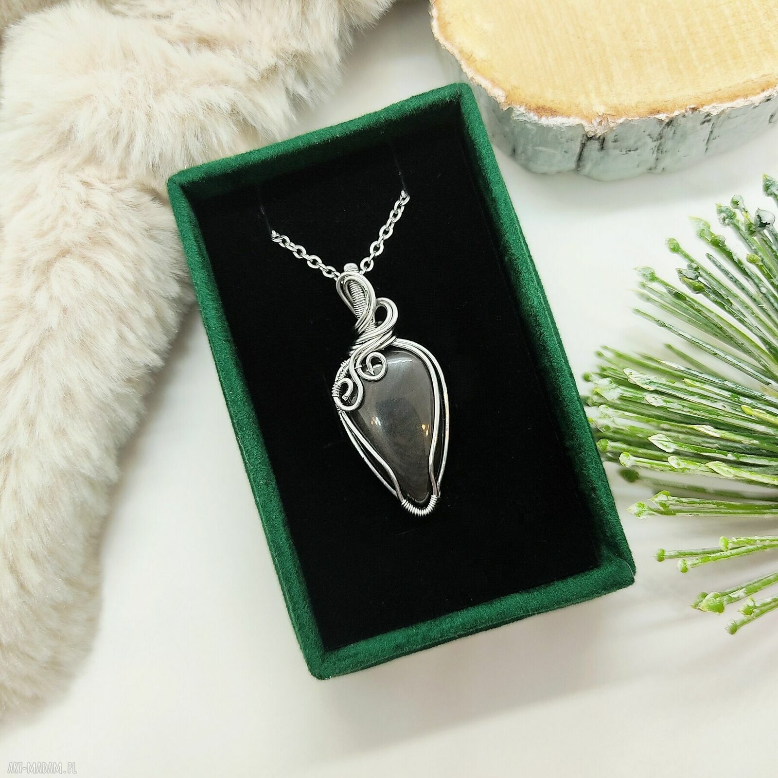 Złocisty naszyjnik z obsydianem - wire wrapping na stali chirurgicznej