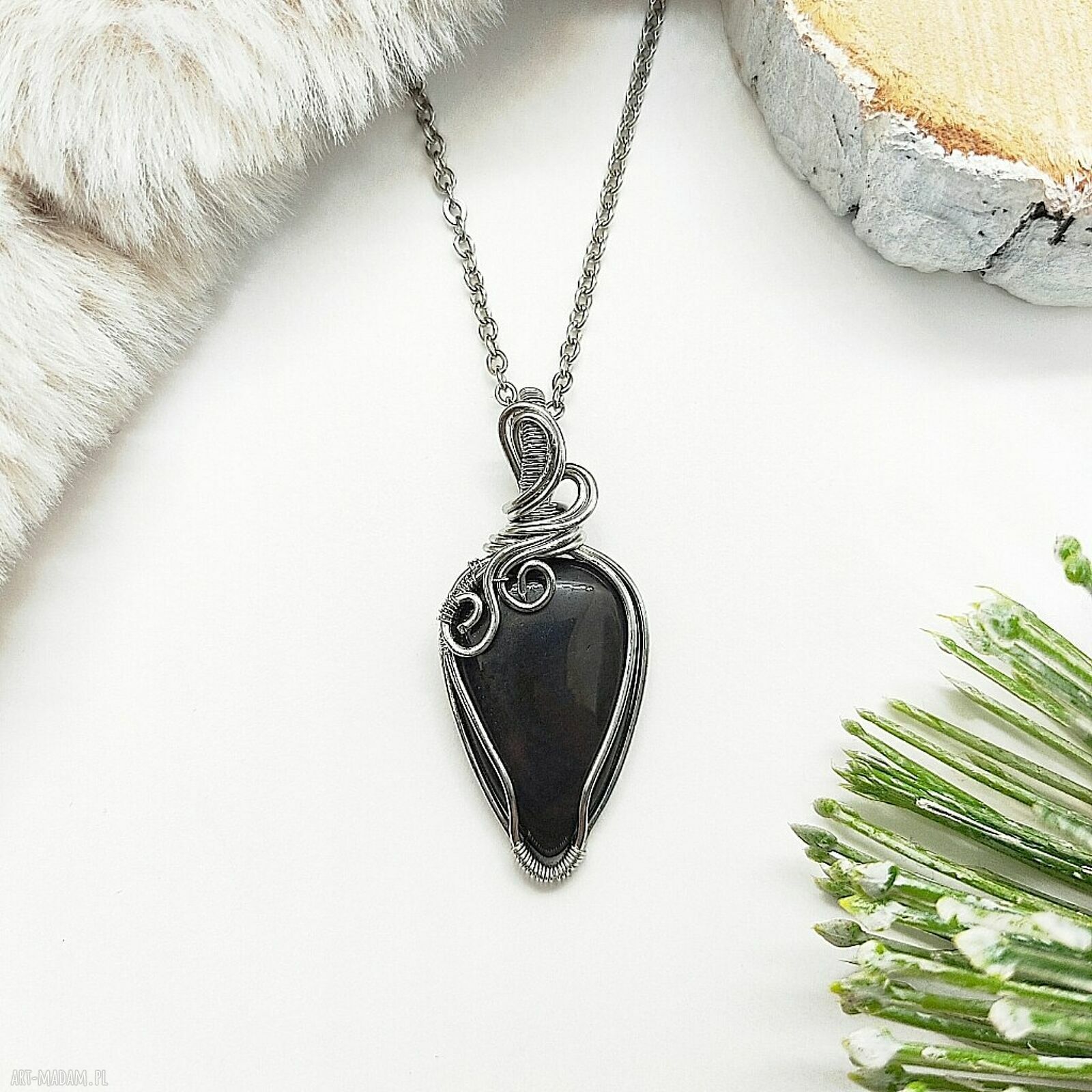 Złocisty naszyjnik z obsydianem - wire wrapping na stali chirurgicznej