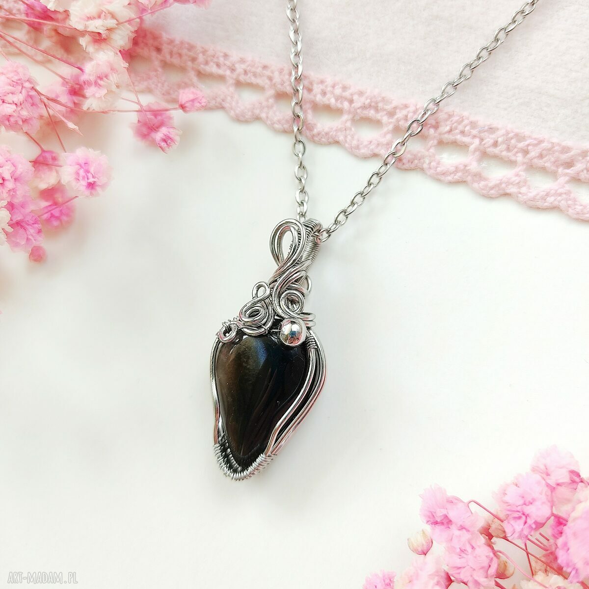 Naszyjnik z onyksem ze stali chirurgicznej - wire wrapping handmade