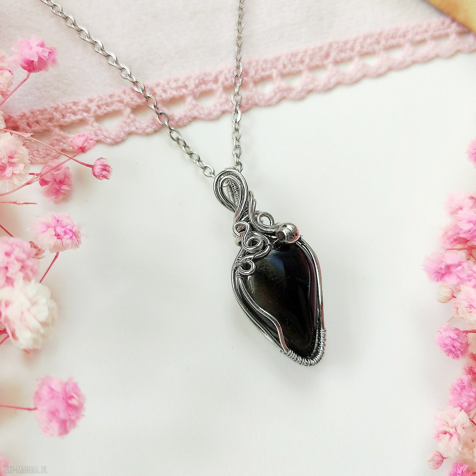 Naszyjnik z onyksem ze stali chirurgicznej - wire wrapping handmade