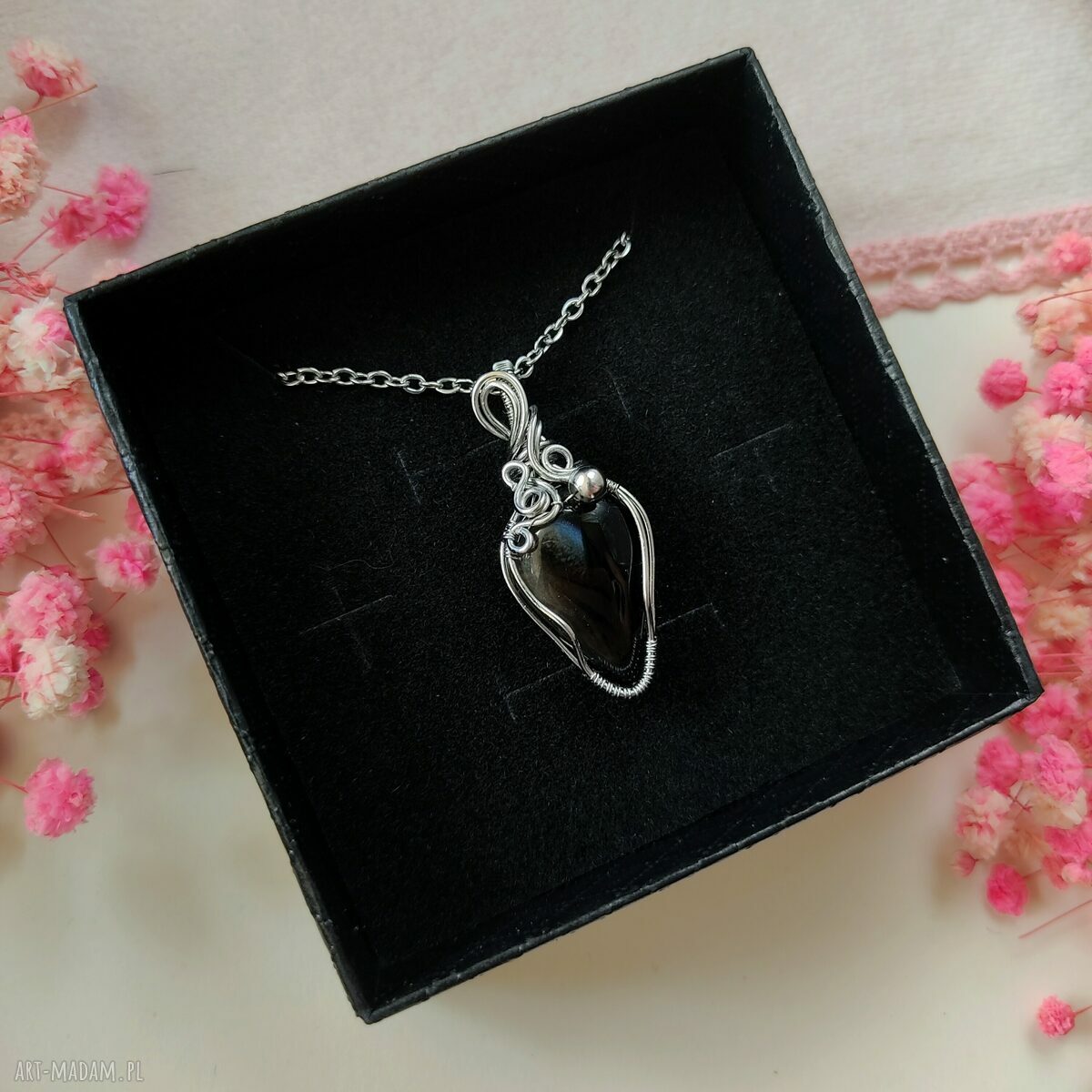 Naszyjnik z onyksem ze stali chirurgicznej - wire wrapping handmade
