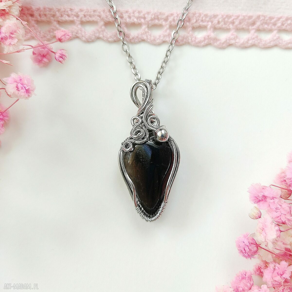 Naszyjnik z onyksem ze stali chirurgicznej - wire wrapping handmade
