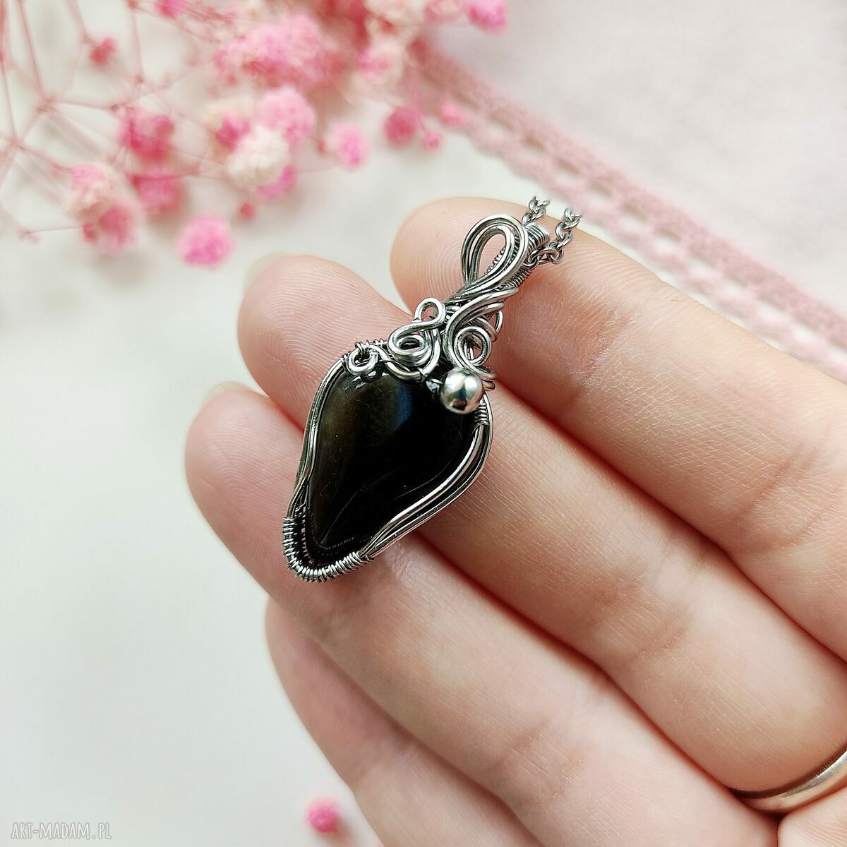 Naszyjnik z onyksem ze stali chirurgicznej - wire wrapping handmade