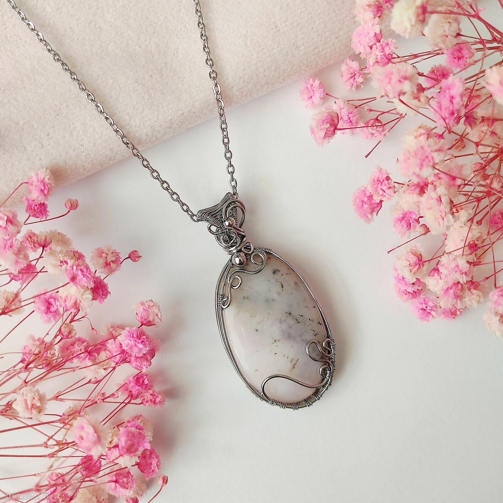 Naszyjnik Opal Różowy - stal chirurgiczna wire wrapping