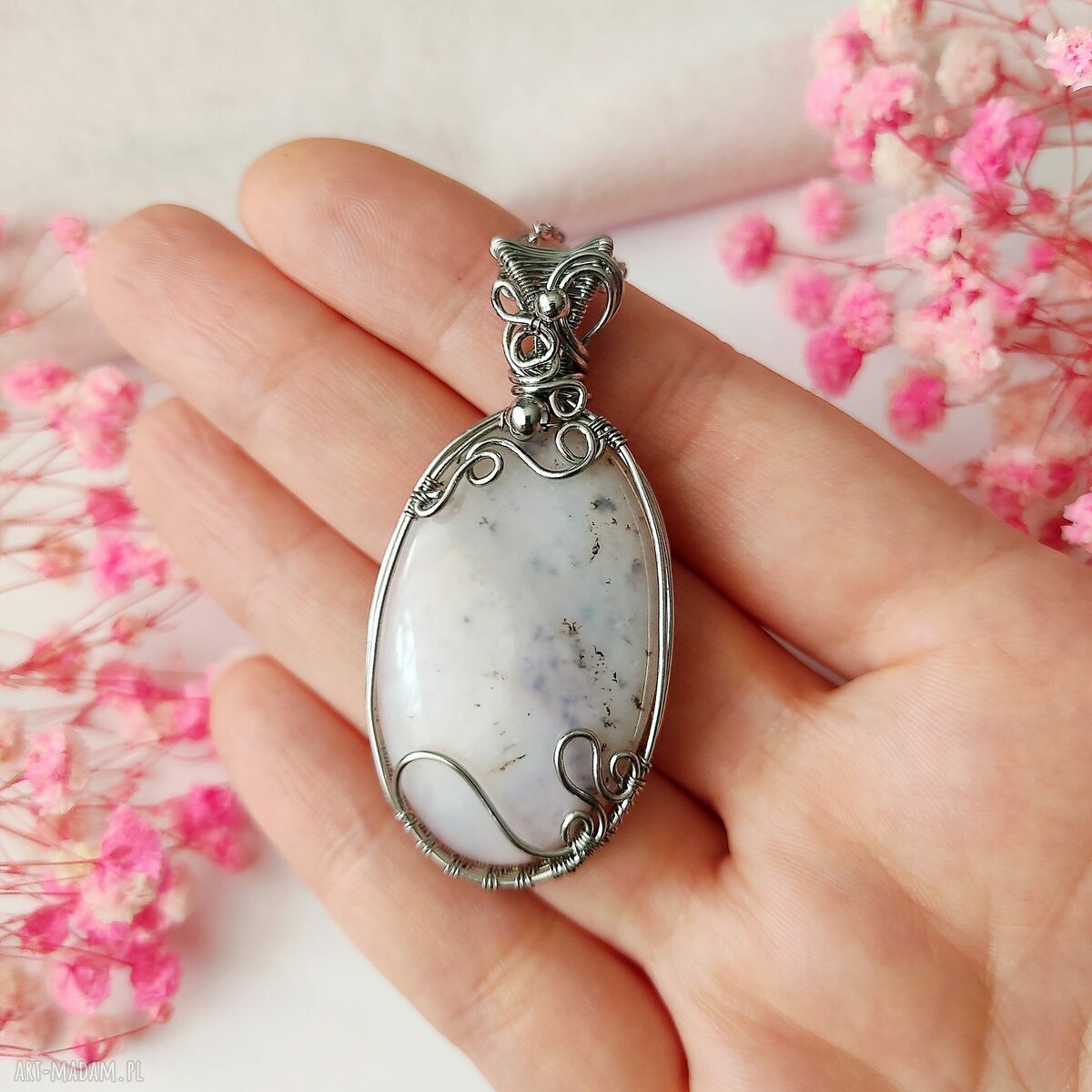 Naszyjnik Opal Różowy - stal chirurgiczna wire wrapping