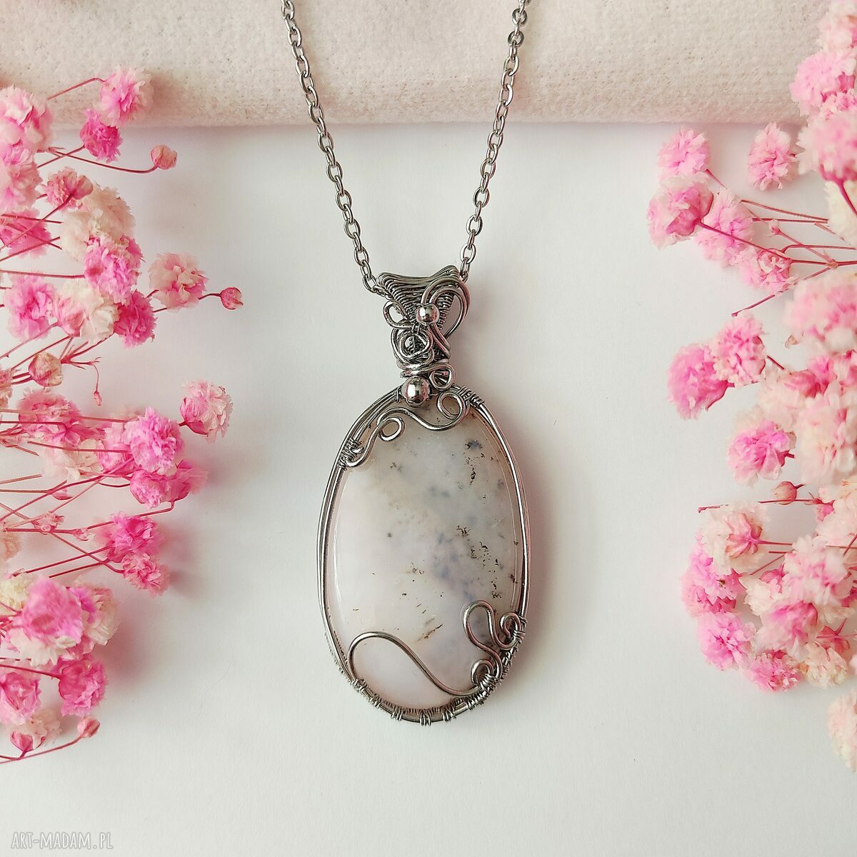Naszyjnik Opal Różowy - stal chirurgiczna wire wrapping