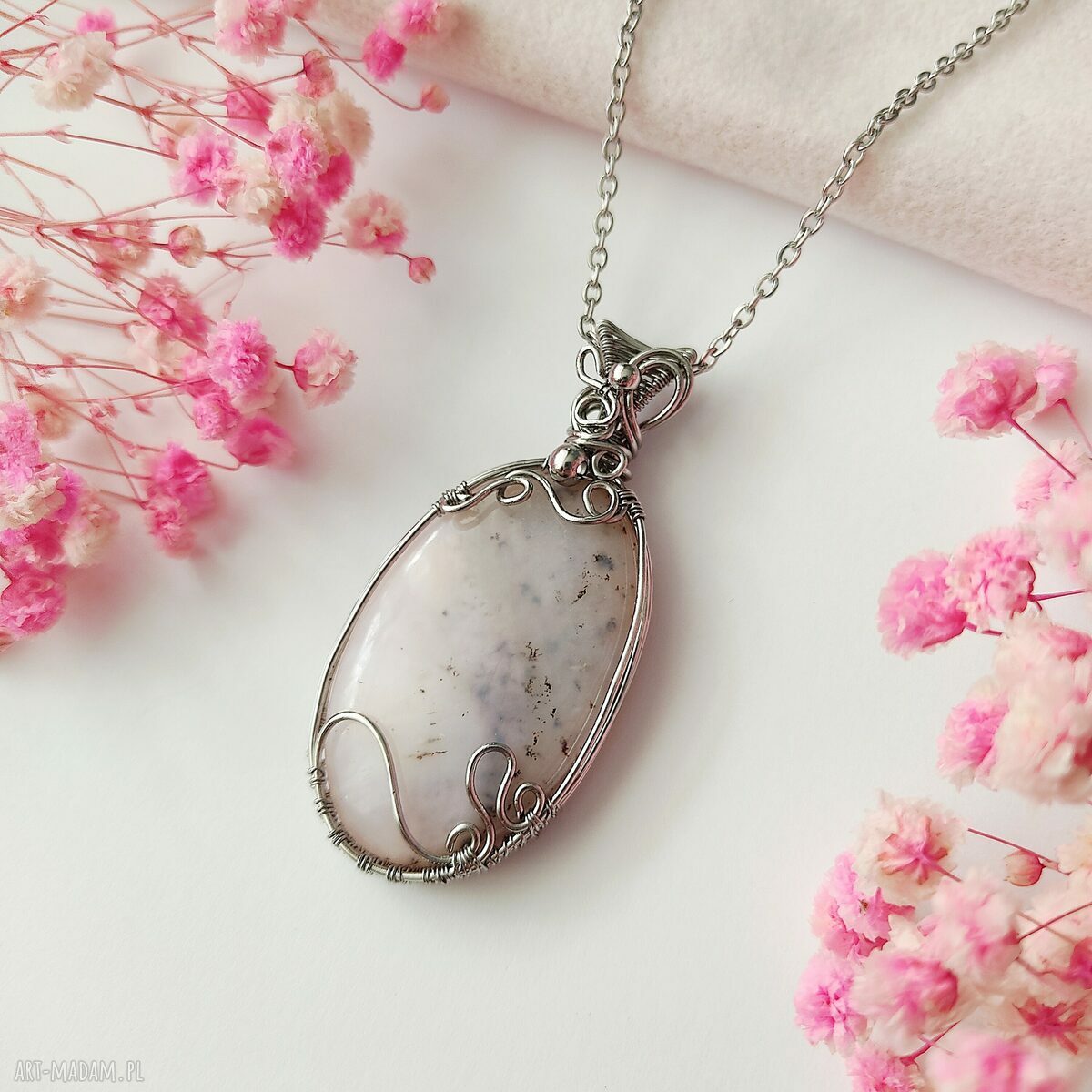 Naszyjnik Opal Różowy - stal chirurgiczna wire wrapping