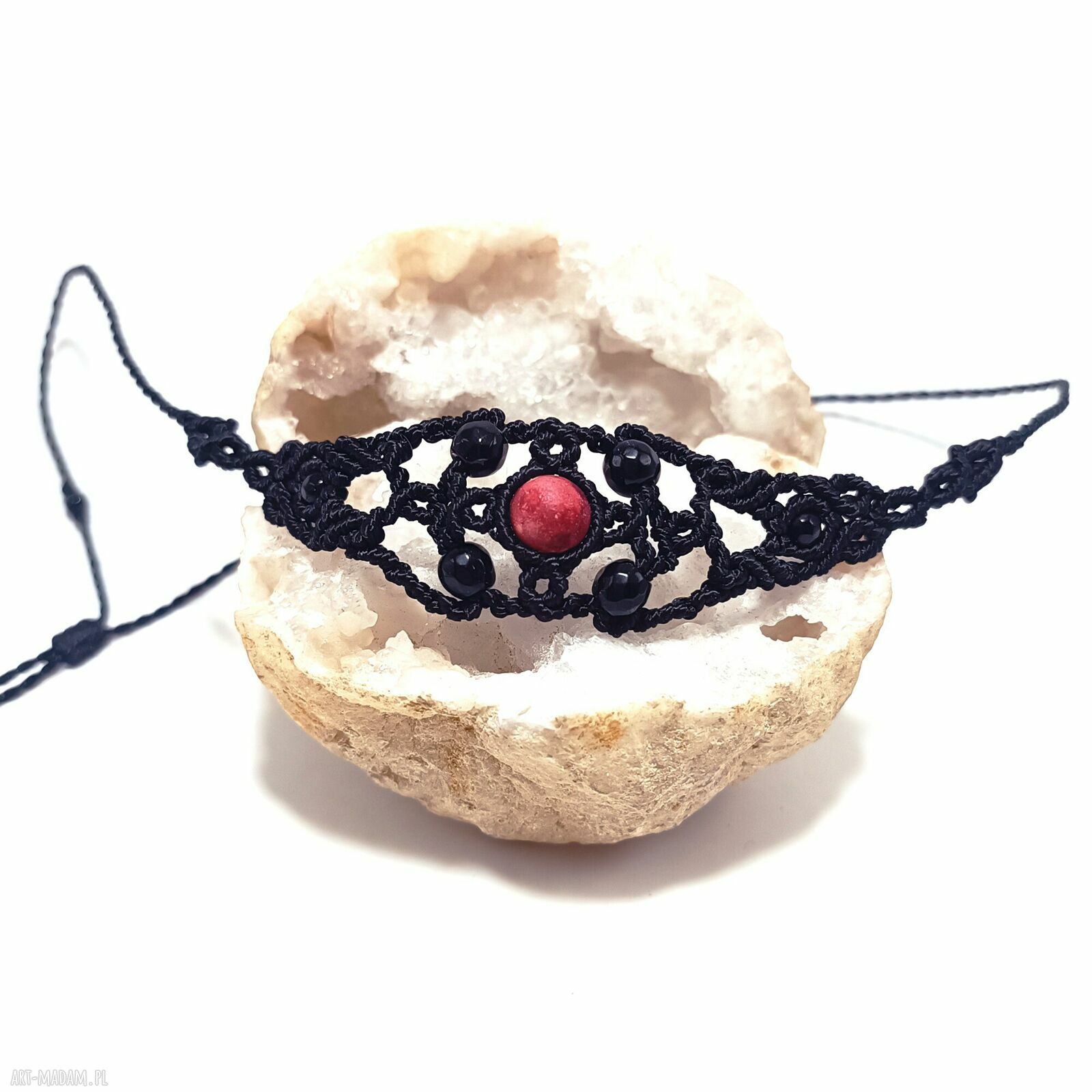 Naszyjnik Pandorki z agatem, onyksami i hematytem - mikromakrama (regulowany choker)