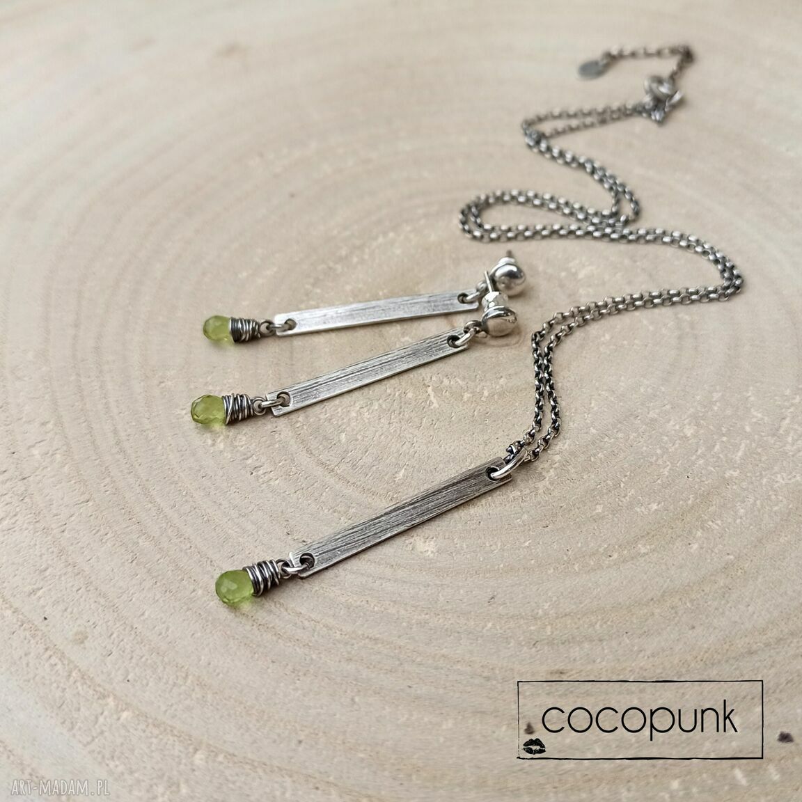 naszyjniki: Naszyjnik patyczek z oliwinem srebro 925. Ręczne wykonanie