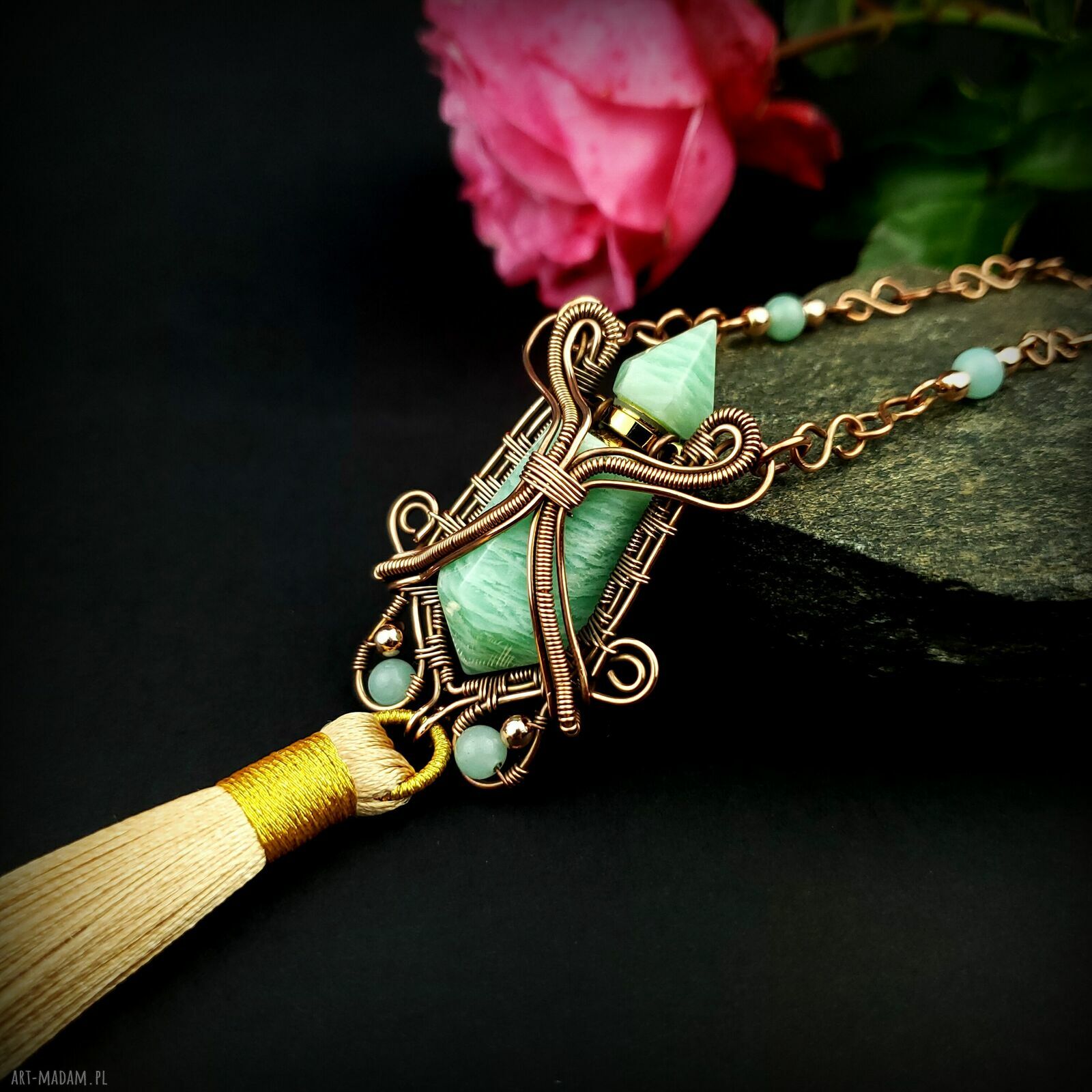 Miedziany naszyjnik z amazonitem - perfumetka wire wrapping