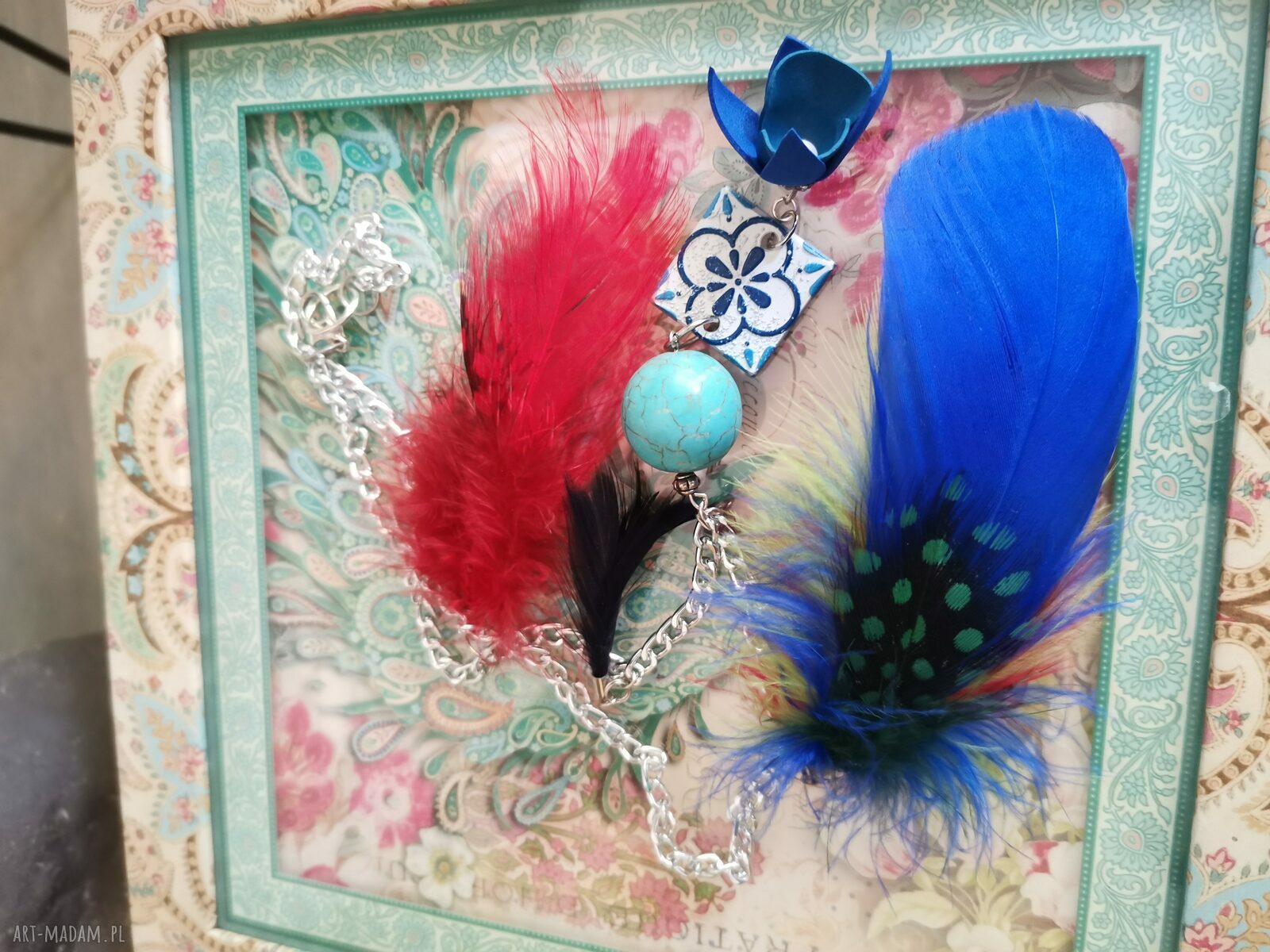 Kolorowy naszyjnik boho z piórami w stylu Frida