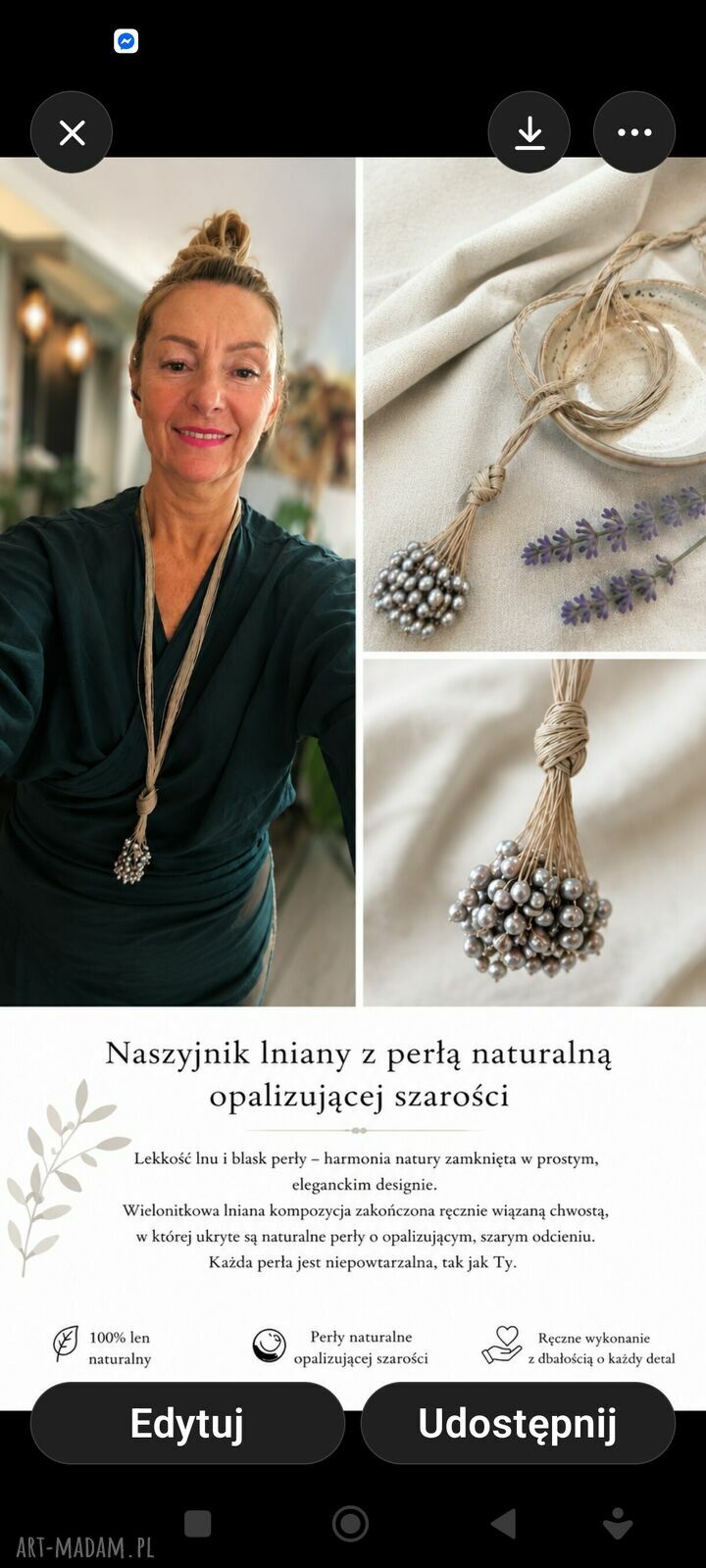 Ręcznie robiony lniany naszyjnik z naturalnymi perłami - opalizująca szarość