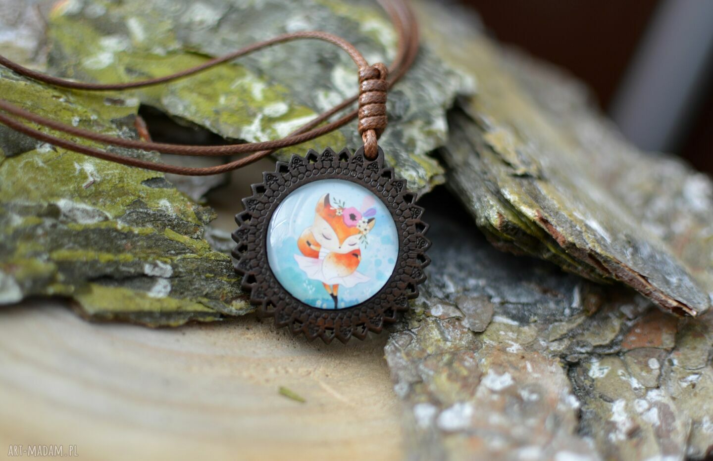 Naszyjnik regulowany z wisiorkiem Lisek Boho - handmade z grafiką pod szklaną osłoną