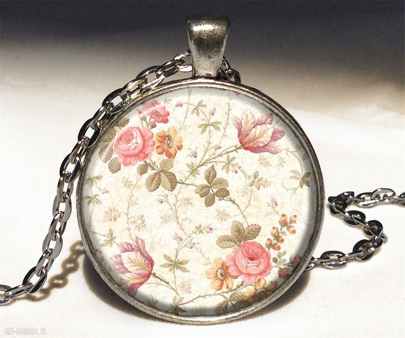 Retro róże medalion łańcuszkiem vintage naszyjnik prezent ręcznie