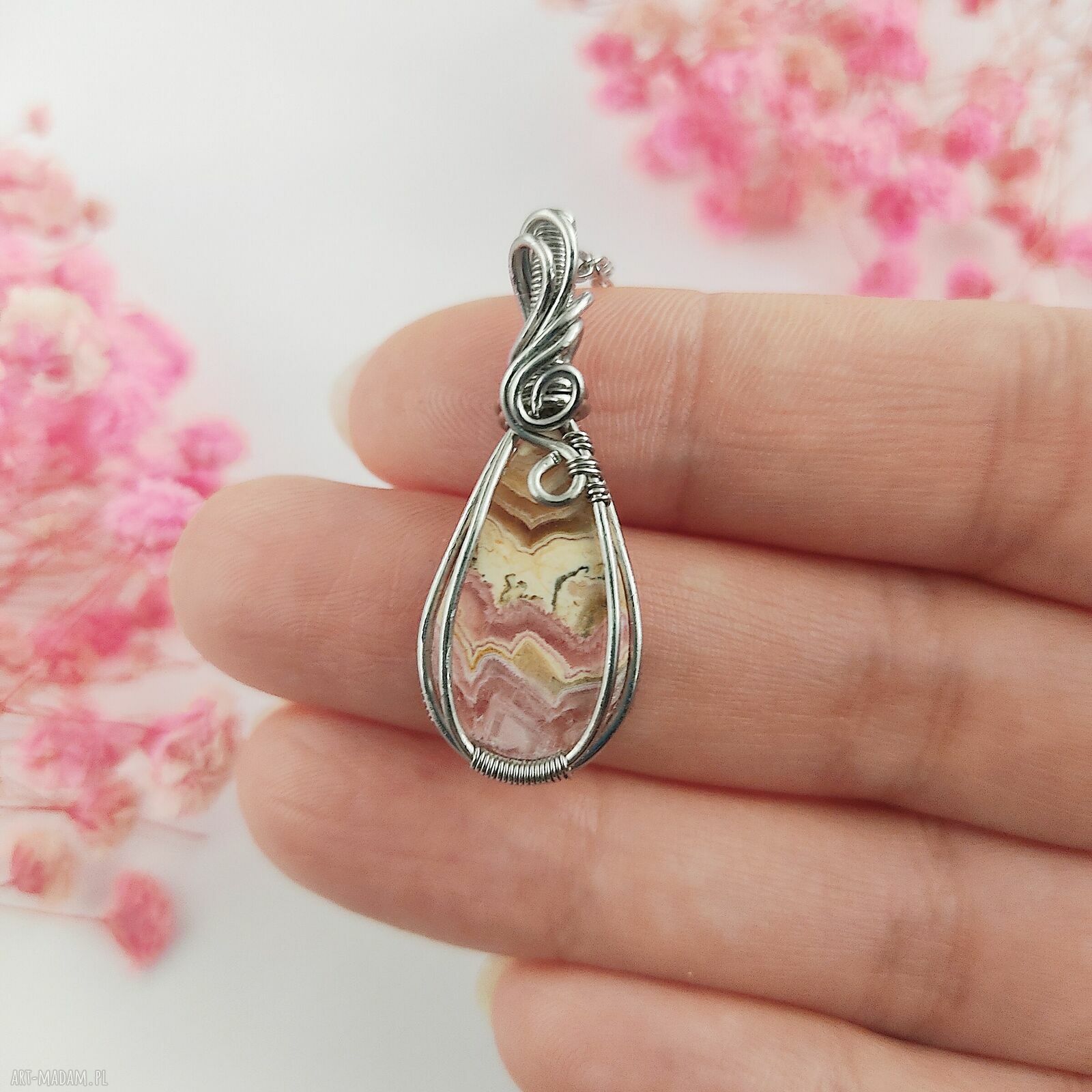 Naszyjnik z rodochrozytem ze stali chirurgicznej - handmade wire wrapping