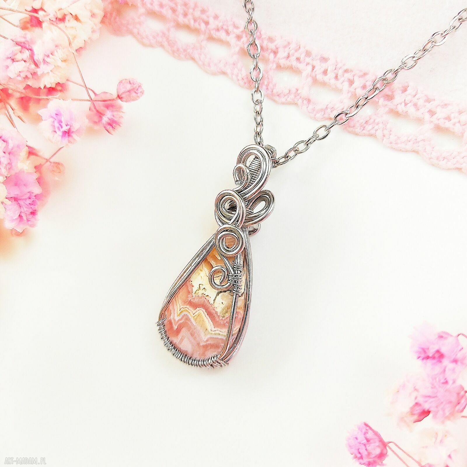 Naszyjnik z rodochrozytem ze stali chirurgicznej - handmade wire wrapping
