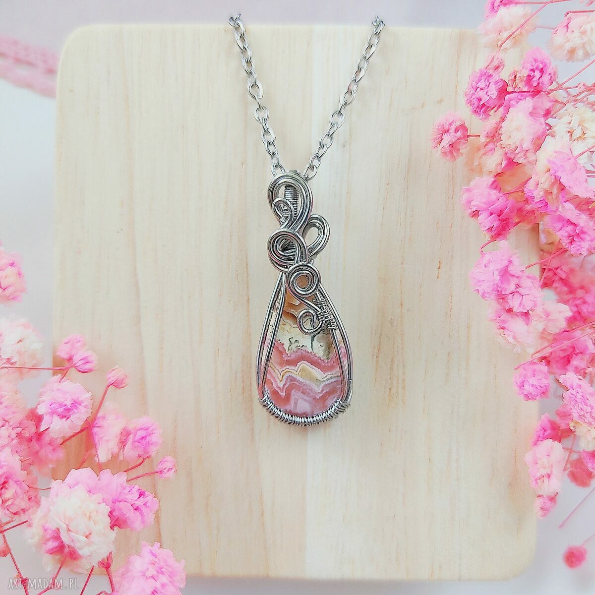 Naszyjnik z rodochrozytem ze stali chirurgicznej - handmade wire wrapping