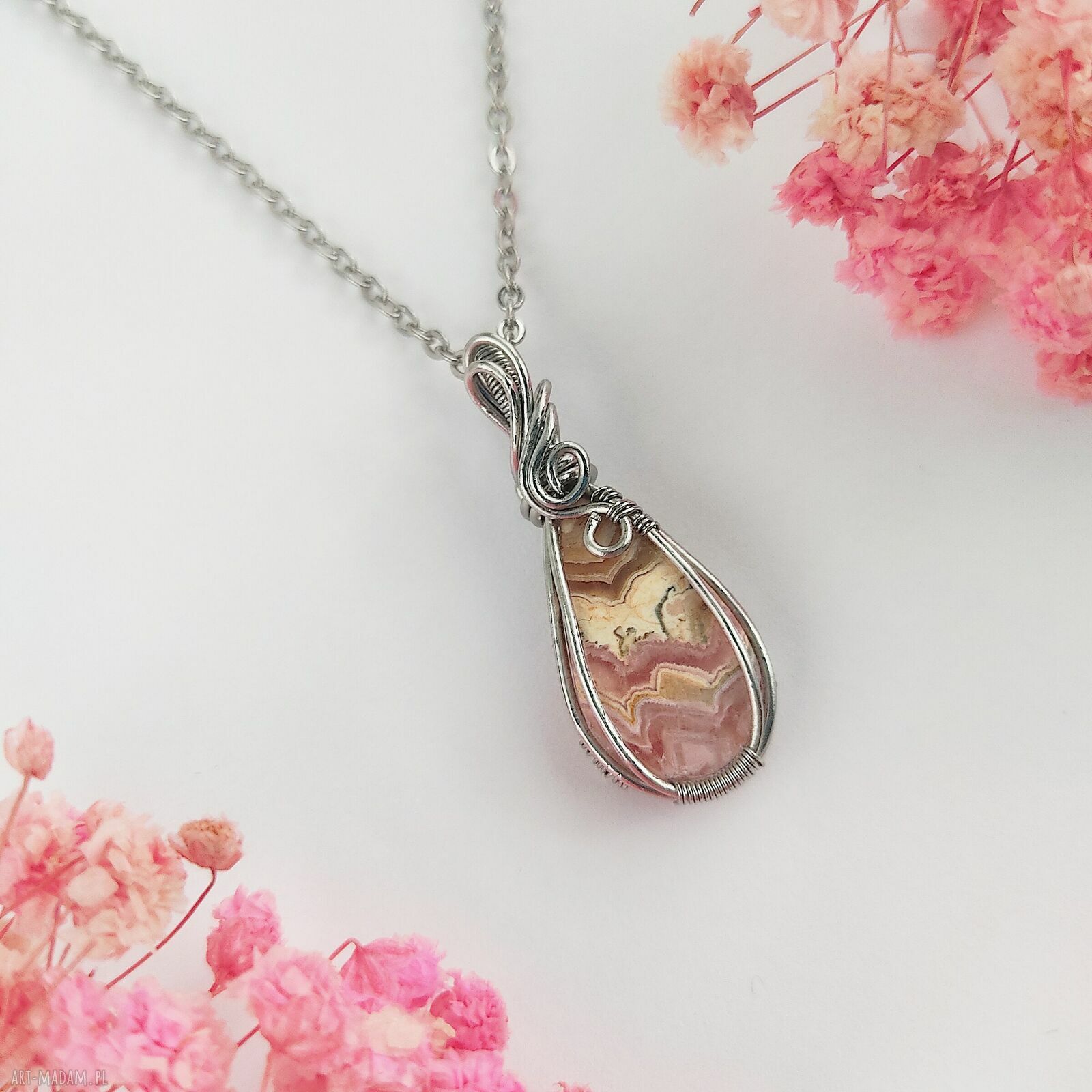 Naszyjnik z rodochrozytem ze stali chirurgicznej - handmade wire wrapping