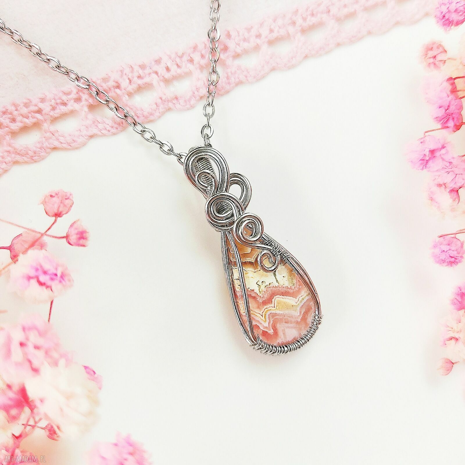 Naszyjnik z rodochrozytem ze stali chirurgicznej - handmade wire wrapping