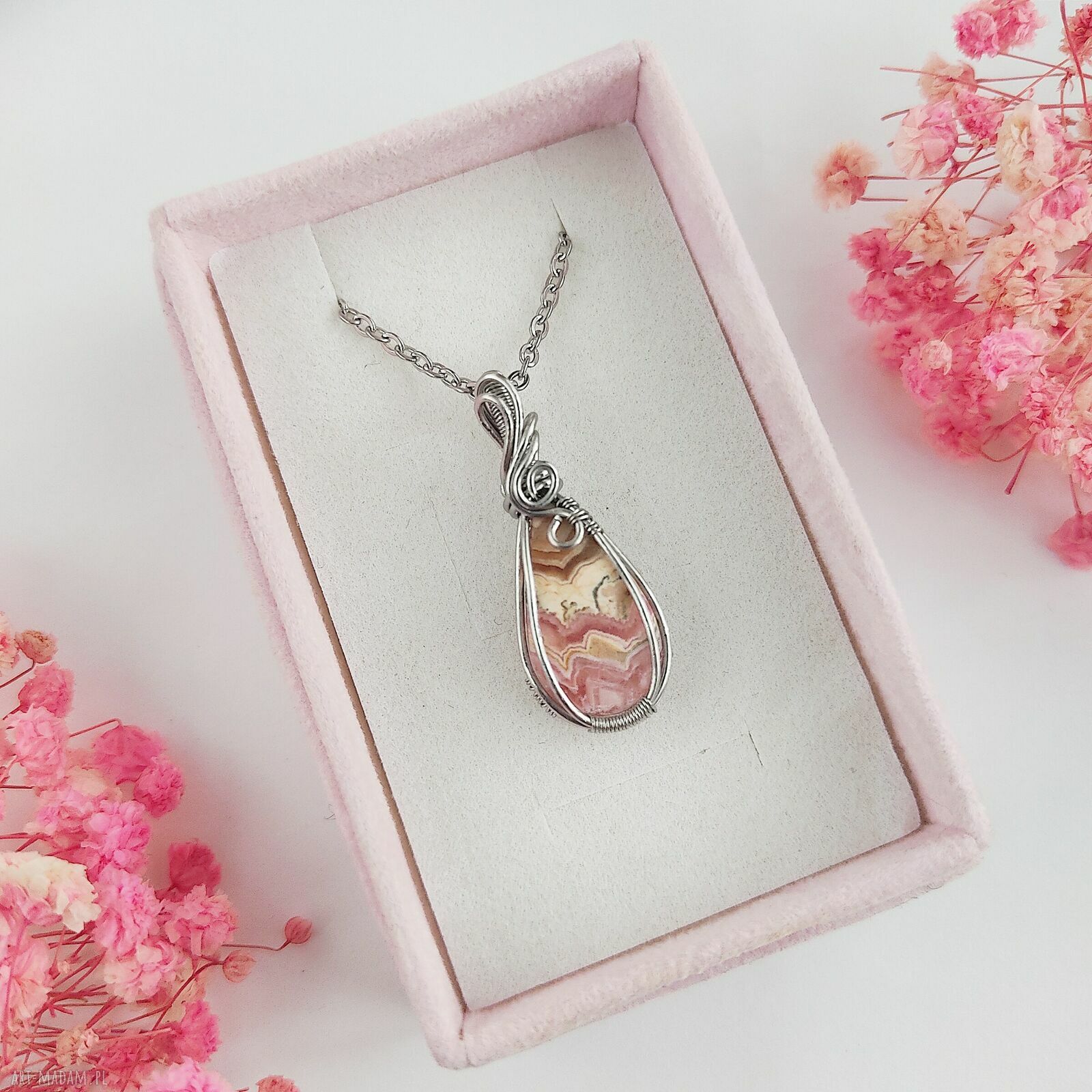 Naszyjnik z rodochrozytem ze stali chirurgicznej - handmade wire wrapping
